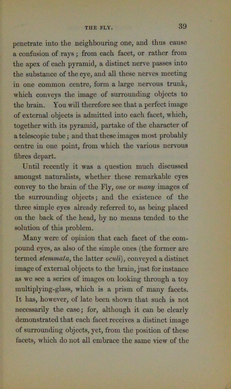 penetrate into the neighbouring one, and thus cause a confusion of rays; from each facet, or rather from the apex of eaeh pyramid, a distinct nerve passes into the substance of the eye, and all these nerves meeting in one common centre, form a large nerv’ous trmik, which conveys the image of sui’rounding objects to the brain. You will therefore see that a perfect image of external objects is admitted into each facet, which, together with its pyramid, partake of the character of a telescopic tube; and that these images most probably centre in one point, from whieh the various nervous fibres depart. Until recently it was a question much discussed amongst naturalists, whether these remarkable eyes convey to the brain of the Fly, one or many images of the surrounding objects; and the existence of the three simple eyes already referred to, as being placed on the back of the head, by no means tended to the solution of this problem. Many were of opinion that each facet of the com- pound eyes, as also of the simple ones (the former are termed stemmata, the latter oculi), conveyed a distinct image of external objects to the brain, just for instance as we see a series of images on looking through a toy mxdtiplying-glass, which is a prism of many facets. It has, however, of late been shown that sueh is not necessarily the case; for, although it can be clearly demonstrated that eaeh facet reeeives a distinct image of surrounding objects, yet, from the position of these facets, which do not all embrace the same view of the