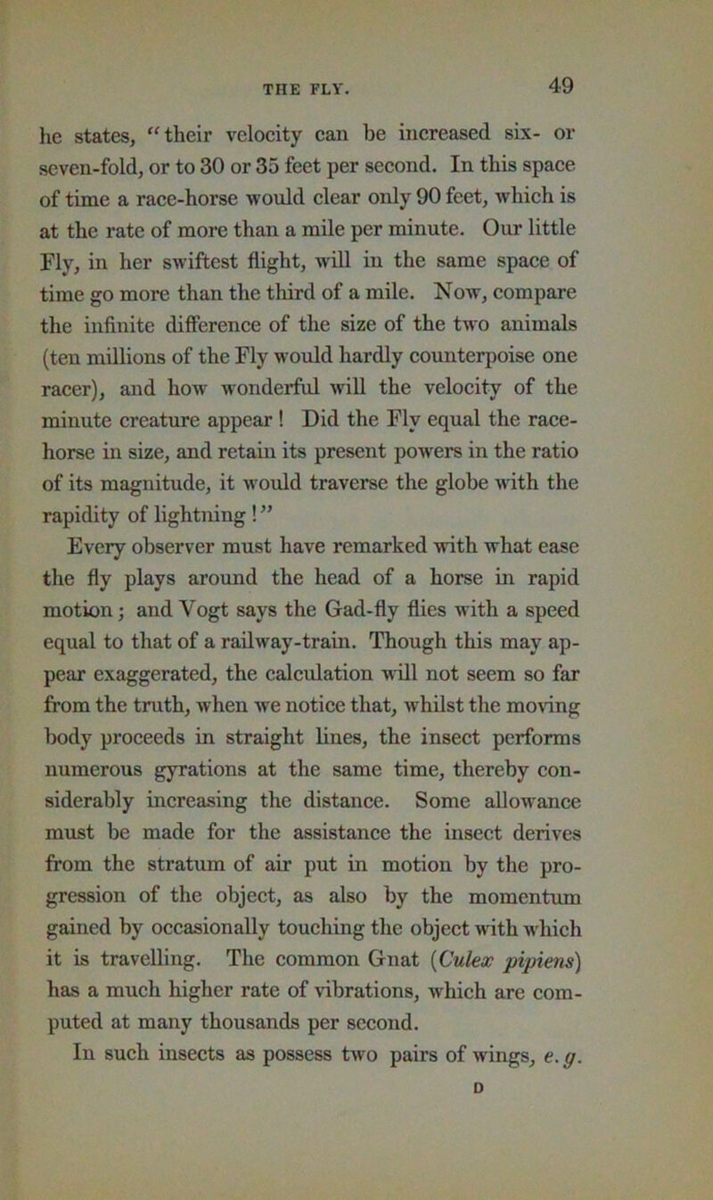 he states, “their veloeity ean be inereased six- or seven-fold, or to 30 or 35 feet per seeond. In this spaee of time a raee-horse would clear only 90 feet, which is at the rate of more than a mile per minute. Our little riy, in her sAviftest flight, will in the same space of time go more than the third of a mile. Now, compare the iiifinite difference of the size of the two animals (ten millions of the Fly would hardly counterpoise one racer), and how wonderful will the velocity of the minute creature appear! Did the Fly equal the race- horse in size, and retain its present powers in the ratio of its magnitude, it would traverse the globe with the rapidity of lightning ! ” Every observer must have remarked with what ease the fly plays around the head of a horse in rapid motion; and Vogt says the Gad-fly flies with a speed equal to that of a railway-tram. Though this may ap- pear exaggerated, the calculation will not seem so far from the truth, when Ave notice that, Avhilst the moving body proceeds in straight lines, the insect performs numerous gyrations at the same time, thereby con- siderably increasing the distance. Some allowance must be made for the assistance the insect derives from the stratum of air put in motion by the pro- gression of the object, as also by the momentum gained by occasionally touching the object with which it is travelling. The common Gnat {Culex pipiens) has a much higher rate of vibrations, Avhich are com- puted at many thousands per second. In such insects as possess tAvo pairs of wings, e. g. 0