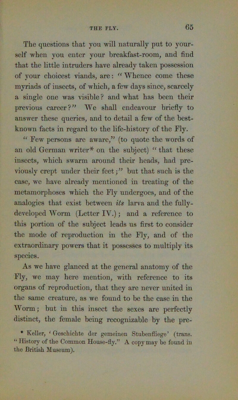 The questions that you will naturally put to your- self when you enter your breakfast-room, and find that the little intruders have already taken possession of your choicest viands, are: ‘‘ Whence come these myriads of insects, of wliich, a few days since, scarcely a single one was visible ? and what has been their previous career?” We shall endeavour briefly to answer these queries, and to detail a few of the best- known facts in regard to the life-history of the Fly. Few persons are aware,” (to quote the words of an old German writer* on the subject) “ that these insects, which swarm around their heads, had pre- viously crept under their feetj” but that such is the case, we have already mentioned in treating of the metamorphoses which the Fly undergoes, and of the analogies that exist between its larva and the fully- developed Worm (Letter IV.); and a reference to this portion of the subject leads us first to consider the mode of reproduction in the Fly, and of the extraordinary powers that it possesses to multiply its species. As we have glanced at the general anatomy of the Fly, we may here mention, with reference to its organs of reproduction, that they are never united in the same creature, as we found to be the case in the Worm; but in this insect the sexes are perfectly distinct, the female being recognizable by the pre- • Keller, ‘ Geschichte der gemeinen Stubenfliege’ (trans. “ History of the Common House-fly.” A copy may be found in the British Museum).