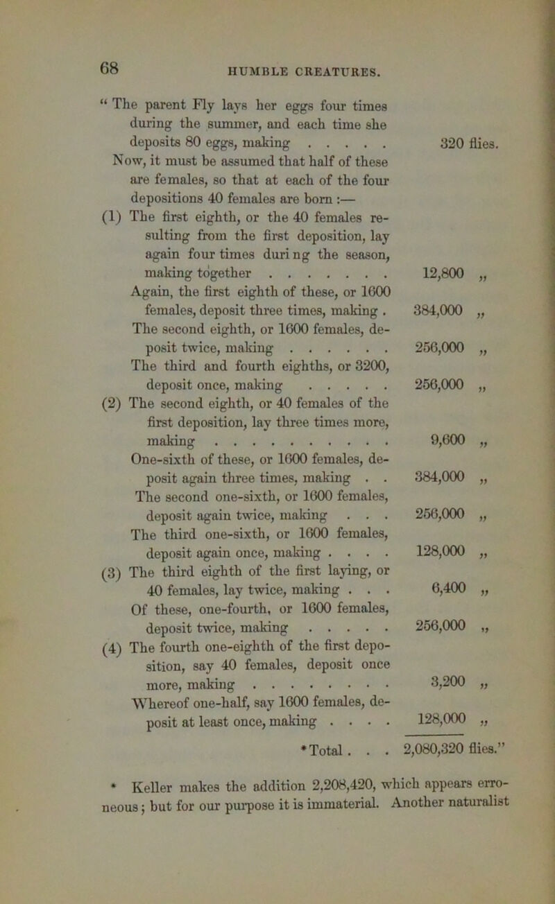 “ The parent Fly lays her eggs four times during the summer, and each time she deposits 80 eggs, making Now, it must be assumed that half of these are females, so that at each of the four depositions 40 females are bom :— (1) The first eighth, or the 40 females re- sulting from the first deposition, lay again four times during the season, making together Again, the first eighth of these, or 1600 females, deposit three times, making . The second eighth, or 1600 females, de- posit twice, malting The third and fourth eighths, or 3200, deposit once, making (2) The second eighth, or 40 females of the first deposition, lay three times more, making One-sixth of these, or 1600 females, de- posit again three times, making . . The second one-sixth, or 1600 females, deposit again twice, making . . . The third one-sixth, or 1600 females, deposit again once, making .... (3) The third eighth of the first laying, or 40 females, lay twice, making . . . Of these, one-fourth, or 1600 females, deposit twice, making (4) The fourth one-eighth of the first depo- sition, say 40 females, deposit once more, making Whereof one-half, say 1600 females, de- posit at least once, making .... 320 flies. 12,800 384.000 256.000 256.000 9,600 384.000 256.000 128.000 6,400 256.000 .3,200 128.000 ‘Total. . . 2,080,320 flies.” * Keller makes the addition 2,208,420, which appears erro- neous ; but for our purpose it is immaterial. Another naturalist