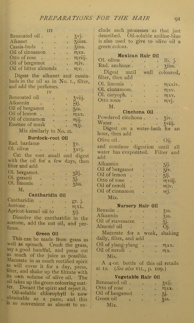 in Benzoated oil . • 5V: Alkanet 5iiiss. Cassia-buds . 5iiss. Oil of cinnamon . nixx. Otto of rose . . itiviij. Oil of bergamot iTtiv. Oil of bitter almonds . niv. Digest the alkanet and cassia- buds in the oil as in No. I., filter, and add the perfumes. IV ! Benzoated oil • Bviij- Alkannin • 9j- Oil of bergamot • 5SS- Oil of lemon . . nixx. Oil of cinnamon . iiiij. Essence of musk . mij. j Mix similarly to No. ii. Bupdock-root Oil Rad. bardanae 01. olivae Cut the root small and digest with the oil for a few days, then filter and add 01. bergamot. 01. geranii 01. limonis M. Cantharidin Oil Cantharidin . Acetone .... Apricot-kernel oil to Dissolve the cantharidin in the acetone, add the nut oil, and per- fume. 5iij- 5j- 5iss. gr- J- niXL. By- Green Oil i This can be made from grass as well as spinach. Crush the grass, say a good handful, and press out as much of the juice as possible. Macerate in as much rectified spirit < will cover it for a day, press, ! filter, and shake up the filtrate with | Us own volume of olive oil. The i oil takes up the green colouring mat- ! ter. Decant the spirit and reject it. Oil-soluble chlorophyll is now ! obtainable as a paste, and this | elude such processes as that just described. Oil-soluble aniline-blue is also used to give to olive oil a green colour. Mexican Halp Oil 01. olivas . lb. j. Rad. anchusse. . *iiss. Digest until well coloured, filter, then add 01. limonis . Tttxxiv. 01. cinnamom. . uixv. 01. caryoph. . . ntxv. Otto rosse • iiivj. M. Cinchona Oil Powdered cinchona. • Bi'- Water • Bviij. Digest on a water-bath for an hour, then add Olive oil. . Oij. and continue digestion until all water has evaporated. Filter and add Alkannin • 5y- Oil of bergamot • 5iv- Oil of lemon . • 5y- Otto of rose . . 7Ttviij. Oil of neroli . . iniv. Oil of cinnamon • tnj. Mi.x. Nupsepy Halp Oil Benzoin . • B^s- Alkannin • Bss. • Bj- Oil of stavesacre Almond oil . Oj. Macerate for a week, shaking daily, filter, and add Oil of ylang-ylang . . ITtXX. Oil of neroli . . nix. Mix. A 4-0Z. bottle of this oil retails at IS. (See also wu., p. 109.) Vegetable Halp Oil Benzoated oil . • B-'^ij- Otto of rose . laxx. Oil of bergamot • .5j- Green oil • BSS.