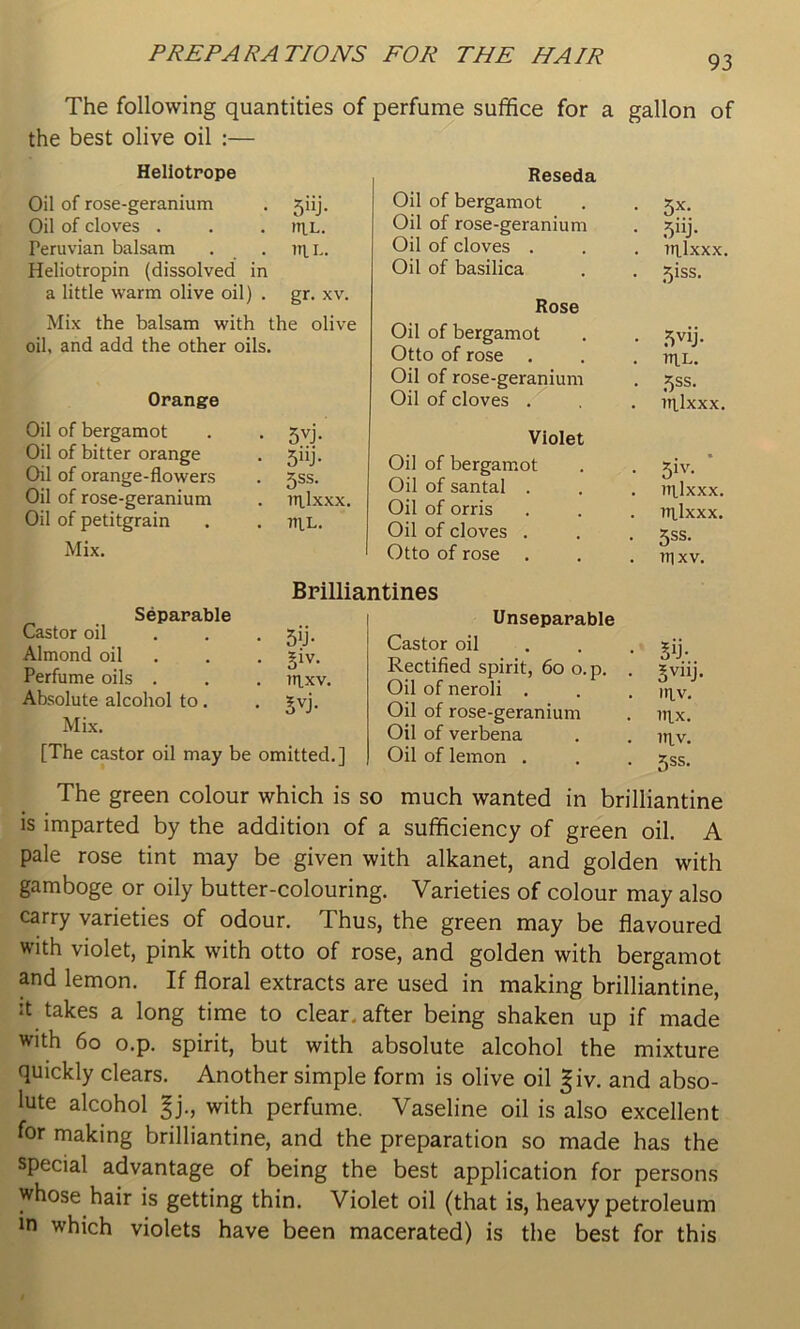 The following quantities of perfume suffice for a gallon of the best olive oil :— Heliotrope Oil of rose-geranium . ^iij. Oil of cloves . . . ntL. Peruvian balsam . . Heliotropin (dissolved in a little warm olive oil) . gr. xv. Mix the balsam with the olive oil, and add the other oils. Orange Oil of bergamot . . 5vj, Oil of bitter orange . 5iij. Oil of orange-flowers . 5SS. Oil of rose-geranium . nilxxx. Oil of petitgrain . . niL. Mix, Reseda Oil of bergamot Oil of rose-geranium Oil of cloves . Oil of basilica Rose Oil of bergamot Otto of rose . Oil of rose-geranium Oil of cloves . Violet Oil of bergamot Oil of santal . Oil of orris Oil of cloves . Otto of rose Brilliantines Separable Castor oil Almond oil Perfume oils . Absolute alcohol to. Mix, 5>j- §iv. TIIXV. 5vj. [The castor oil may be omitted,] Unseparable Castor oil Rectified spirit, 60 o.p. Oil of neroli . Oil of rose-geranium Oil of verbena Oil of lemon . 5x. .5“j- in.ixxx, 5iss. ,5vij. niL. 5ss, itilxxx. )tl,lxxx, nilxxx. 5ss. nixv. Sij- Jviij. lav. Ttlx. in.v, 5ss. The green colour which is so much wanted in brilliantine is imparted by the addition of a sufficiency of green oil. A pale rose tint may be given with alkanet, and golden with gamboge or oily butter-colouring. Varieties of colour may also carry varieties of odour. Thus, the green may be flavoured with violet, pink with otto of rose, and golden with bergamot and lemon. If floral extracts are used in making brilliantine, Jt takes a long time to clear, after being shaken up if made with 60 o.p. spirit, but with absolute alcohol the mixture quickly clears. Another simple form is olive oil giv. and abso- lute alcohol gj., with perfume. Vaseline oil is also excellent for making brilliantine, and the preparation so made has the special advantage of being the best application for persons whose hair is getting thin. Violet oil (that is, heavy petroleum in which violets have been macerated) is the best for this
