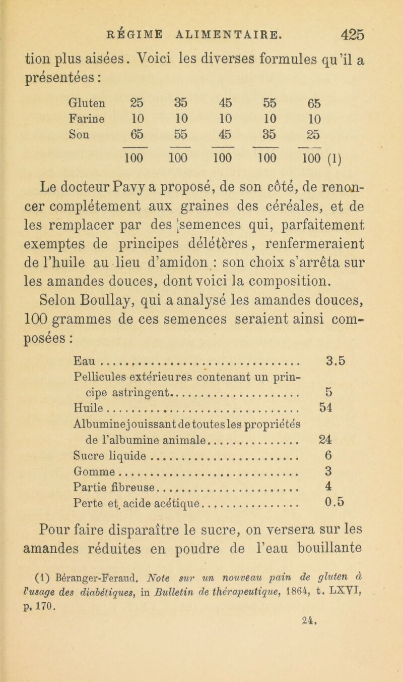 tion plus aisées. Voici les diverses formules qu’il a présentées : Gluten 25 35 45 55 65 Farine 10 10 10 10 10 Son 65 55 45 35 25 100 100 100 100 100 (1) Le docteur Pavy a proposé, de son côté, de renon- cer complètement aux graines des céréales, et de les remplacer par des [semences qui, parfaitement exemptes de principes délétères, renfermeraient de l’huile au lieu d’amidon : son choix s’arrêta sur les amandes douces, dont voici la composition. Selon Boullaj, qui a analysé les amandes douces, 100 grammes de ces semences seraient ainsi com- posées : Eau 3.5 Pellicules extérieures contenant un prin- cipe astringent 5 Huile 54 Albumine j ouissant de toutes les propriétés de l’albumine animale 24 Sucre liquide 6 Gomme 3 Partie fibreuse 4 Perte et acide acétique 0.5 Pour faire disparaître le sucre, on versera sur les amandes réduites en poudre de l’eau bouillante (1) Béranger-Fer and. Note sur un nouveau pain de gluten à Vusage des diabétiques, in Bulletin de thérapeutique, 1864, t. LXVI, p. 170. 24.