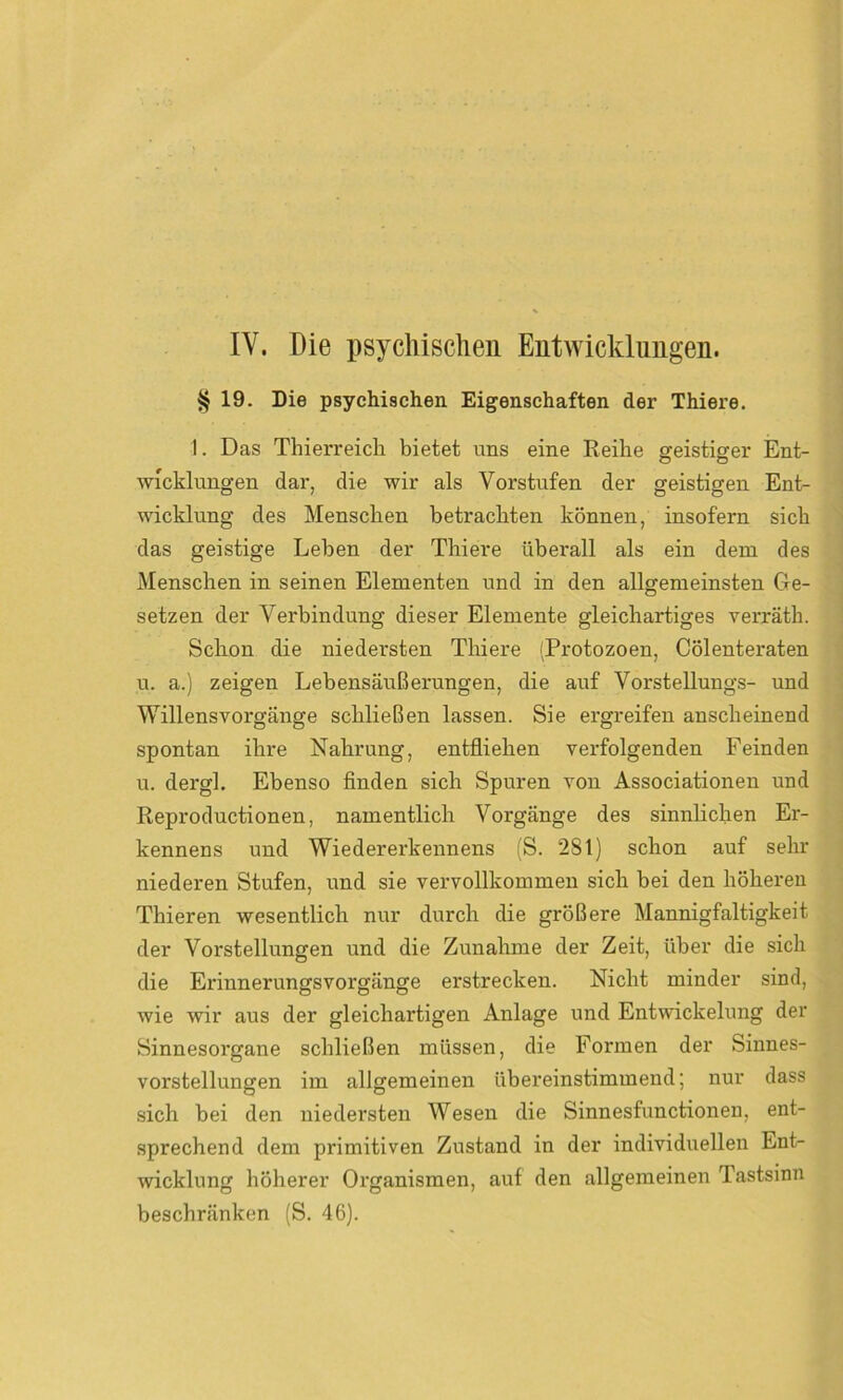 IV. Die psychischen Entwicklungen. § 19. Die psychischen Eigenschaften der Thiere. 1. Das Thierreich bietet uns eine Reihe geistiger Ent- wicklungen dar, die wir als Vorstufen der geistigen Ent- wicklung des Menschen betrachten können, insofern sich das geistige Lehen der Thiere überall als ein dem des Menschen in seinen Elementen und in den allgemeinsten Ge- setzen der Verbindung dieser Elemente gleichartiges verräth. Schon die niedersten Thiere (Protozoen, Cölenteraten u. a.) zeigen Lebensäußerungen, die auf Vorstellungs- und Willensvorgänge schließen lassen. Sie ergreifen anscheinend spontan ihre Nahrung, entfliehen verfolgenden Feinden u. dergl. Ebenso finden sich Spuren von Associationen und Reproductionen, namentlich Vorgänge des sinnlichen Er- kennens und Wiedererkennens (S. 281) schon auf sehr niederen Stufen, und sie vervollkommen sich bei den höheren Thieren wesentlich nur durch die größere Mannigfaltigkeit der Vorstellungen und die Zunahme der Zeit, über die sich die Erinnerungsvorgänge erstrecken. Nicht minder sind, wie wir aus der gleichartigen Anlage und Entwickelung der Sinnesorgane schließen müssen, die Formen der Sinnes- vorstellungen im allgemeinen übereinstimmend; nur dass sich bei den niedersten Wesen die Sinnesfunctionen, ent- sprechend dem primitiven Zustand in der individuellen Ent- wicklung höherer Organismen, auf den allgemeinen Tastsinn beschränken (S. 46).