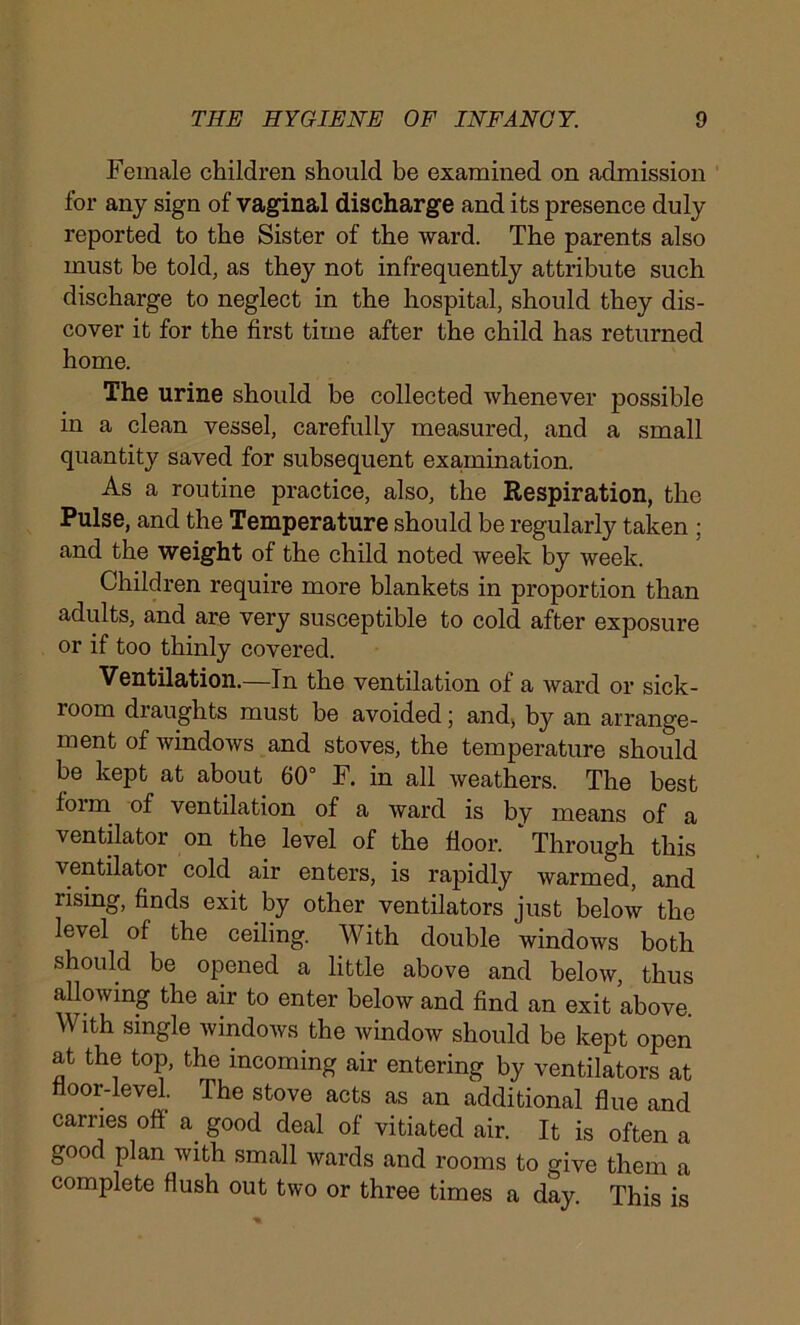 Female children should be examined on admission for any sign of vaginal discharge and its presence duly reported to the Sister of the ward. The parents also must be told, as they not infrequently attribute such discharge to neglect in the hospital, should they dis- cover it for the first time after the child has returned home. The urine should be collected whenever possible in a clean vessel, carefully measured, and a small quantity saved for subsequent examination. As a routine practice, also, the Respiration, the Pulse, and the Temperature should be regularly taken ; and the weight of the child noted week by week. Children require more blankets in proportion than adults, and are very susceptible to cold after exposure or if too thinly covered. Ventilation.—In the ventilation of a ward or sick- 100m di aughts must be avoided; and, by an arrange- ment of windows and stoves, the temperature should be kept at about 60° F. in all weathers. The best foim of ventilation of a ward is by means of a ventilator on the level of the floor. ‘ Through this ventilator cold air enters, is rapidly warmed, and rising, finds exit by other ventilators just below the level of the ceiling. With double windows both should be opened a little above and below, thus allowing the air to enter below and find an exit above With single windows the window should be kept open at the top, the incoming air entering by ventilators at floor-level. The stove acts as an additional flue and carries off a. good deal of vitiated air. It is often a good plan with small wards and rooms to give them a complete flush out two or three times a day. This is