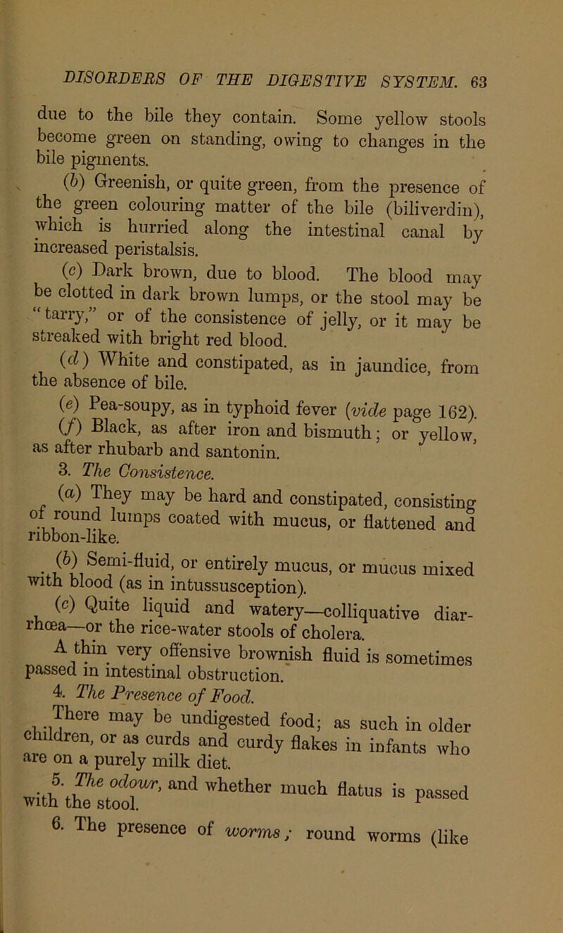 due to the bile they contain. Some yellow stools become green on standing, owing to changes in the bile pigments. (b) Greenish, or quite green, from the presence of the green colouring matter of the bile (biliverdin), which is hurried along the intestinal canal by increased peristalsis. (c) Dark brown, due to blood. The blood may be clotted in dark brown lumps, or the stool may be “ tarry,” or of the consistence of jelly, or it may be streaked with bright red blood. (cl) White and constipated, as in jaundice, from the absence of bile. (e) Pea-soupy, as in typhoid fever (vide page 162). (/) Black, as after iron and bismuth; or yellow, as after rhubarb and santonin. 3. The Consistence. (a) They may be hard and constipated, consisting of round lumps coated with mucus, or flattened and ribbon-like. (&) Semi-fluid, or entirely mucus, or mucus mixed with blood (as in intussusception). (c) Quite liquid and watery—colliquative diar- rhoea—or the rice-water stools of cholera. A thin very offensive brownish fluid is sometimes passed in intestinal obstruction. 4. The Presence of Food. There may be undigested food; as such in older children, or as curds and curdy flakes in infants who are on a purely milk diet. “d whethe1'much flatus is p“sed 6. The presence of worms; round worms (like