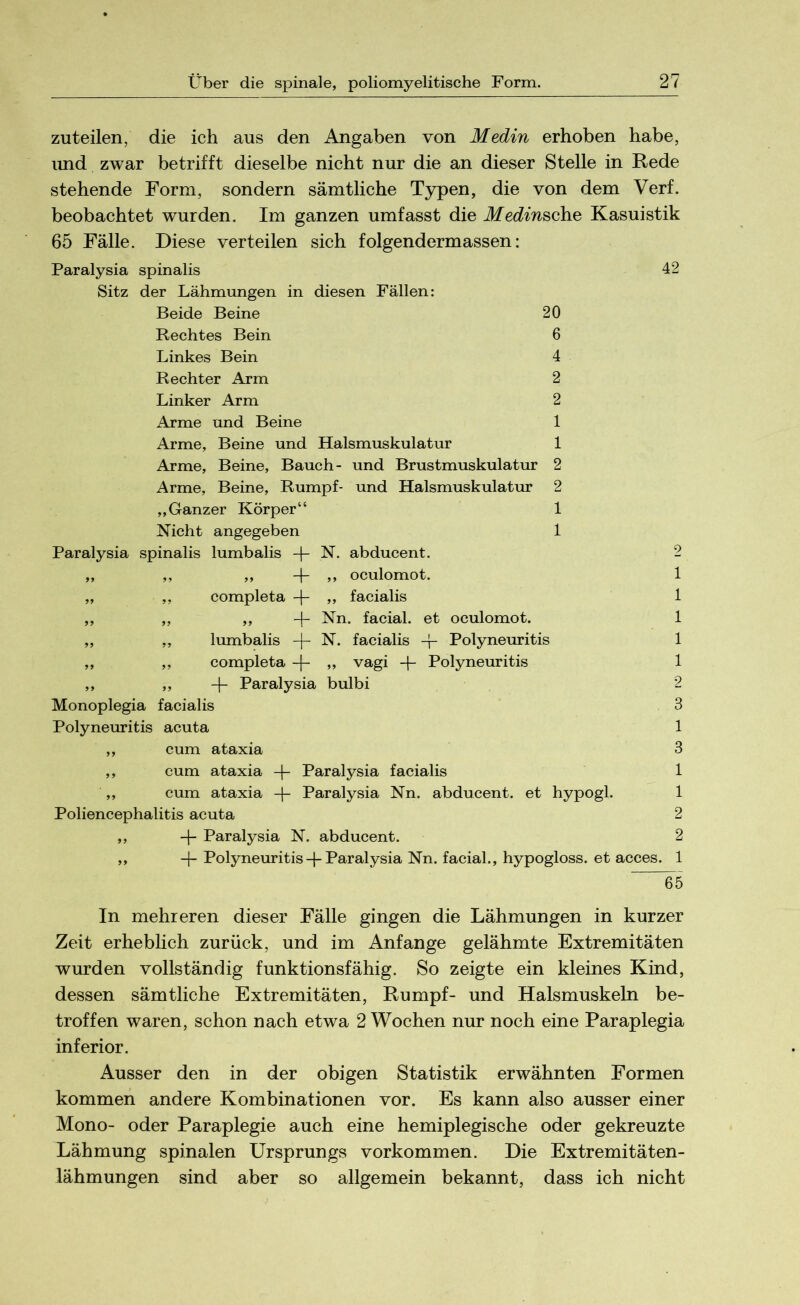 zuteilen, die ich aus den Angaben von Medin erhoben habe, und zwar betrifft dieselbe nicht nur die an dieser Stelle in Rede stehende Form, sondern sämtliche Typen, die von dem Verf. beobachtet wurden. Im ganzen umfasst die Medinsche Kasuistik 65 Fälle. Diese verteilen sich folgendermassen: Paralysia spinalis Sitz der Lähmungen in diesen Fällen: Beide Beine 20 Rechtes Bein 6 Linkes Bein 4 Rechter Arm 2 Linker Arm 2 Arme und Beine 1 Arme, Beine und Halsmuskulatur 1 Arme, Beine, Bauch- und Brustmuskulatur 2 Arme, Beine, Rumpf- und Halsmuskulatur 2 „Ganzer Körper“ 1 Nicht angegeben 1 Paralysia spinalis lumbalis -f- N. abducent. 42 ,, oculomot. ,, facialis Nn. facial. et N. facialis 4- oculomot. Polyneuritis vagi -f- Polyneuritis tt >> I „ ,, completa -j- JJ »5 >> A ,, ,, lumbalis -j- ,, ,, completa -f- ,, ,, -|~ Paralysia bulbi Monoplegia facialis Polyneuritis acuta ,, cum ataxia ,, cum ataxia -f- Paralysia facialis ,, cum ataxia -f- Paralysia Nn. abducent. et hypogl. Poliencephalitis acuta ,, -f- Paralysia N. abducent. ,, + Polyneuritis-f- Paralysia Nn. facial., hypogloss. et acces. 2 1 1 1 1 1 2 3 1 3 1 1 2 2 1 65 In mehreren dieser Fälle gingen die Lähmungen in kurzer Zeit erheblich zurück, und im Anfänge gelähmte Extremitäten wurden vollständig funktionsfähig. So zeigte ein kleines Kind, dessen sämtliche Extremitäten, Rumpf- und Halsmuskeln be- troffen waren, schon nach etwa 2 Wochen nur noch eine Paraplegia inferior. Ausser den in der obigen Statistik erwähnten Formen kommen andere Kombinationen vor. Es kann also ausser einer Mono- oder Paraplegie auch eine hemiplegische oder gekreuzte Lähmung spinalen Ursprungs Vorkommen. Die Extremitäten- lähmungen sind aber so allgemein bekannt, dass ich nicht