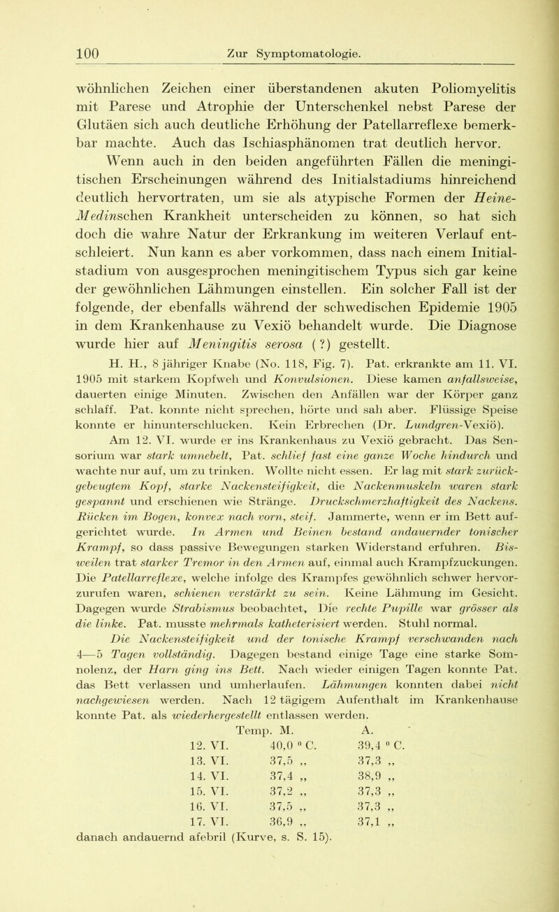 wohnlichen Zeichen einer überstandenen akuten Poliomyelitis mit Parese und Atrophie der Unterschenkel nebst Parese der Glutäen sich auch deutliche Erhöhung der Patellarreflexe bemerk- bar machte. Auch das Ischiasphänomen trat deutlich hervor. Wenn auch in den beiden angeführten Fällen die meningi- tischen Erscheinungen während des Initialstadiums hinreichend deutlich hervortraten, um sie als atypische Formen der Heine- Medinschen Krankheit unterscheiden zu können, so hat sich doch die wahre Natur der Erkrankung im weiteren Verlauf ent- schleiert. Nun kann es aber Vorkommen, dass nach einem Initial- stadium von ausgesprochen meningitischem Typus sich gar keine der gewöhnlichen Lähmungen einstellen. Ein solcher Fall ist der folgende, der ebenfalls während der schwedischen Epidemie 1905 in dem Krankenhause zu Vexiö behandelt wurde. Die Diagnose wurde hier auf Meningitis serosa (?) gestellt. H. H., 8 jähriger Knabe (No. 118, Fig. 7). Pat. erkrankte am 11. VI. 1905 mit starkem Kopfweh und Konvulsionen. Diese kamen anfallsweise, dauerten einige Minuten. Zwischen den Anfällen war der Körper ganz schlaff. Pat. konnte nicht sprechen, hörte und sah aber. Flüssige Speise konnte er hinunterschlucken. Kein Erbrechen (Dr. Lundgren-N o^iö). Am 12. VI. wurde er ins Krankenhaus zu Vexiö gebracht. Das Sen- sorium war stark umnebelt, Pat. schlief fast eine ganze Woche hindurch und wachte nur auf, um zu trinken. Wollte nicht essen. Er lag mit stark zurück- gebeugtem Kopf, starke Nackensteifigkeit, die Nackenmuskeln waren stark gespannt und erschienen wie Stränge. Druckschmerzhaftigkeit des Nackens. Rücken im Bogen, konvex nach vorn, steif. Jammerte, wenn er im Bett auf- gerichtet wurde. In Armen und Beinen bestand andauernder tonischer Krampf, so dass passive Bewegungen starken Widerstand erfuhren. Bis- weilen trat starker Tremor in den Armen auf, einmal auch Krampfzuckungen. Die Patellarreflexe, welche infolge des Krampfes gewöhnlich schwer hervor- zurufen waren, schienen verstärkt zu sein. Keine Lähmung im Gesicht. Dagegen wurde Strabismus beobachtet. Die rechte Pupille war grösser als die linke. Pat. musste mehrmals katheterisiert werden. Stuhl normal. Die Nackensteifigkeit und der tonische Krampf verschwanden nach 4—5 Tagen vollständig. Dagegen bestand einige Tage eine starke Som- nolenz, der Harn ging ins Bett. Nach wieder einigen Tagen konnte Pat. das Bett verlassen und umherlaufen. Lähmungen konnten dabei nicht nachgewiesen werden. Nach 12 tägigem Aufenthalt im Krankenhause konnte Pat. als wiederhergestellt entlassen werden. Temp. M. A. 12. VI. 40,0 0 C. 39,4 0 C. 13. VI. 37,5 „ 37,3 „ 14. VI. 37,4 „ 38,9 „ 15. VI. 37,2 „ 37,3 „ 16. VI. 37,5 „ 37,3 „ 17. VI. 36,9 ,, 37,1 „ danach andauernd afebril (Kurve, s. S. 15).