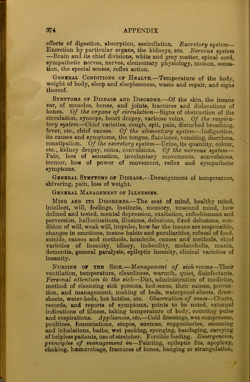effects of digestion, absorption, assimilation. Excretory system— Excretion by particular organs, the kidneys, etc. Nervous system —Brain and its chief divisions, white and grey matter, spinal cord, sympathetic nerves, nerves, elementary physiology, motion, sensa- tion, the special senses, reflex action. General Conditions of Health.—Temperature of the body, weight of body, sleep and sleeplessness, waste and repair, and signs thereof. Symptoms of Disease and Disorder.—Of the skin, the insane ear, of muscles, bones, and joints, fractures and dislocations of bones. Of the organs of circulation—Signs of obstruction of the circulation, syncope, heart dropsy, varicose veins. Of the respira- tory system—Chief varieties, cough, spit, pain, disturbed breathing, fever, etc., chief causes. Of the alimentary system—Indigestion, its causes and symptoms, the tongue, flatulence, vomiting, diarrhoea, constipation. Of the excretory system—Urine, its quantity, colour, etc., kidney dropsy, coma, convulsions. Of the nervous system— Pain, loss of sensation, involuntary movements, convulsions, tremor, Iosb of power of movement, reflex and sympathetic symptoms. General Symptoms of Disease.—Derangement of temperature, shivering, pain, loss of weight. General Management of Illnesses. Mind and its Disorders.—The seat of mind, healthy mind, intellect, will, feelings, instincts, memory, unsound mind, how defined and tested, mental depression, exaltation, enfeeblement and perversion, hallucinations, illusions, delusions, fixed delusions, con- dition of will, weak will, impulse, how far the insane are responsible, changes in emotions, insane habits and peculiarities, refusal of food, suicide, causes and methods, homicide, causes and methods, chief varieties of insanity, idiocy, imbecility, melancholia, mania, dementia, general paralysis, epileptic insanity, clinical varieties of insanity. Nursing of the Sick.—Management of sick-rooms—Their ventilation, temperature, cleanliness, warmth, quiet, disinfectants. Personal attention to the sick—Diet, administration of medicine, method of cleansing sick persons, bed-sores, their causes, preven- tion, and management, making of beds, waterproof-sheets, draw- sheets, water-beds, hot bottles, etc. Observation of cases—Charts, records, and reports of symptoms, points to be noted, external indications of illness, taking temperature of body, counting pulse and respirations. Appliances, etc.—Cold dressings, wet compresses, poultices, fomentations, stupes, enemas, suppositories, steaming and inhalations, baths, wet packing, sponging, bandaging, carrying of helpless patients, use of stretcher. Forcible feoding. Emergencies, principles of management in—Fainting, epileptio fits, apoplexy, choking, hamorrhage, fractures of bones, hanging or strangulation,