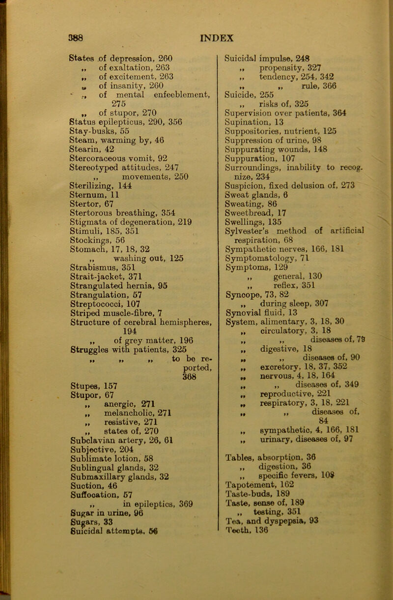 States of depression, 260 „ of exaltation, 263 „ of excitement, 263 a of insanity, 260 ' r, of mental enfeeblement, 275 „ of stupor, 270 Status epilepticus, 290, 356 Stay-busks, 55 Steam, warming by, 46 Stearin, 42 Stercoraceous vomit, 92 Stereotyped attitudes, 247 ,, movements, 250 Sterilizing, 144 Sternum, 11 Stertor, 67 Stertorous breathing, 354 Stigmata of degeneration, 219 Stimuli, 185, 351 Stockings, 56 Stomach, 17, 18, 32 ,, washing out, 125 Strabismus, 351 Strait-jacket, 371 Strangulated hernia, 95 Strangulation, 57 Streptococci, 107 Striped muscle-fibre, 7 Structure of cerebral hemispheres, 194 „ of grey matter, 196 Struggles with patients, 325 » » »» to be re* ported, 368 Stupes, 157 Stupor, 67 „ anergic, 271 „ melancholic, 271 „ resistive, 271 „ states of, 270 Subclavian artery, 26, 61 Subjective, 204 Sublimate lotion, 58 Sublingual glands, 32 Submaxillary glands, 32 Suction, 46 Suffooation, 67 ,, in epileptics, 369 Sugar in urine, 96 Sugars, 33 Suicidal attempts, 56 Suicidal impulse, 248 ,, propensity, 327 ,, tendency, 254, 342 „ „ rule, 366 Suicide, 255 ,, risks of, 325 Supervision over patients, 364 Supination, 13 Suppositories, nutrient, 125 Suppression of urine, 98 Suppurating wounds, 148 Suppuration, 107 Surroundings, inability to recog. nize, 234 Suspicion, fixed delusion of, 273 Sweat glands, 6 Sweating, 86 Sweetbread, 17 Swellings, 135 Sylvester’s method of artificial respiration, 68 Sympathetic nerves, 166, 181 Symptomatology, 71 Symptoms, 129 „ general, 130 ,, reflex, 351 Syncope, 73, 82 „ during sleep, 307 Synovial fluid, 13 System, alimentary, 3, 18, 30 circulatory, 3, 18 ,, diseases of, 79 digestive, 18 ,, diseases of, 90 excretory, 18, 37, 352 nervous, 4, 18, 164 ,, diseases of, 349 reproductive, 221 respiratory, 3, 18, 221 ,, diseases of, 84 sympathetic, 4, 166, 181 urinary, diseases of, 97 Tables, absorption, 36 ,, digestion, 36 ,, Bpeeifio fevers, 108 Tapotement, 162 Taste-buds, 189 Taste, sense of, 189 „ testing, 351 Tea, and dyspepsia, 93 Teeth. 136 It 99 99 99 99 99 99 99 99 99 99 99