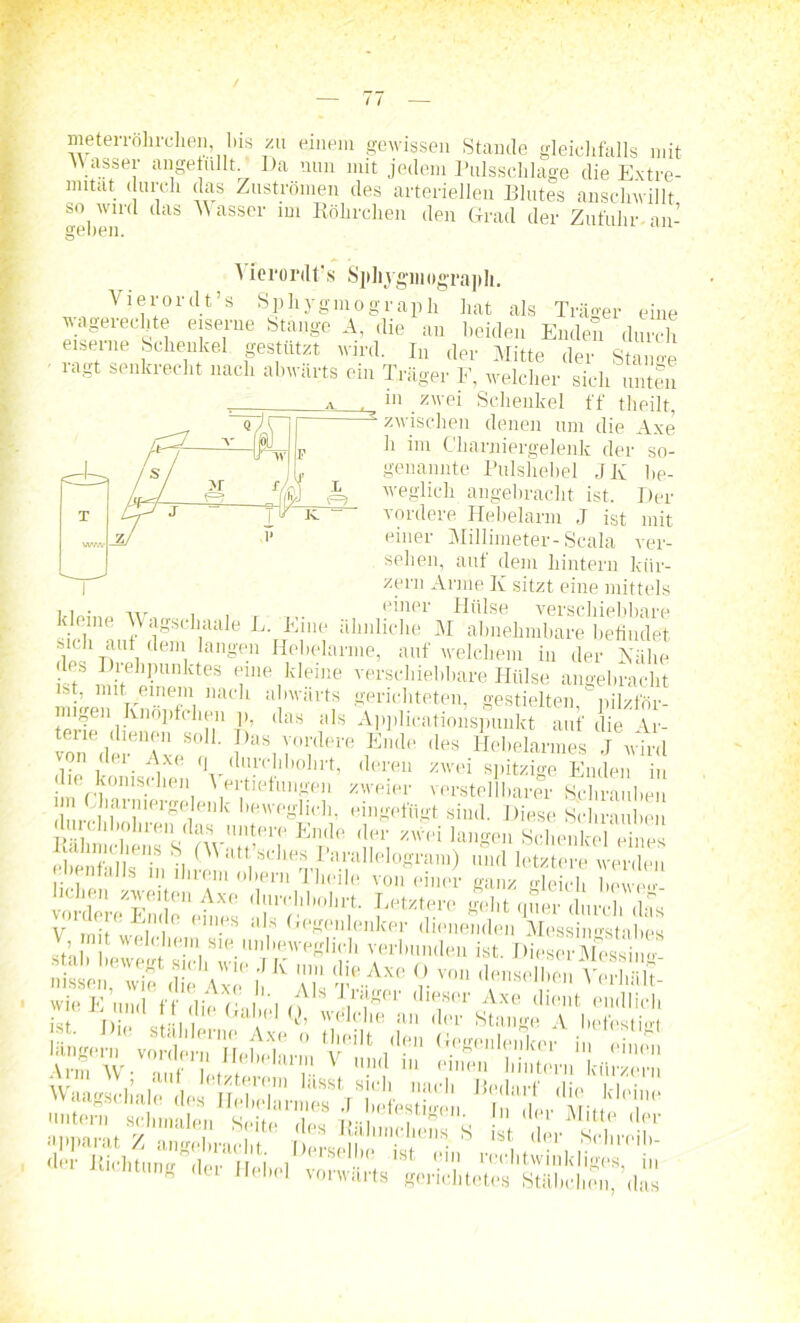 meterrohrchen bis zu einem gewissen Stande gleichfalls mit asser angelullt. Da nun mit jedem Pulssclilage die Extre- mität durch das Zuströmen des arteriellen Blutes anschwillt so wird das \\ asser im Röhrchen den Grad der Zufuhr an- gcDGIl. Y i e r o r d t ’ s \ xerordt’s Sjilivgiiiograpli. - s Sphygmograph hat als Träger eine wagerechte eiserne Stange A, die an beiden Enden durch eiserne Schenkel gestützt wird. In der Mitte der Stange lagt senkrecht nach abwärts ein Träger F, welcher sich unten ^ in zwei Schenkel ff tlieilt, 2 zwischen denen um die Axe h im Charniergelen-k der so- genannte Pulshehel JK be- weglich angebracht ist. Der vordere Hebelarm J ist mit einer Millimeter-Scala ver- sehen, auf dem hintern kiir- zern Arme K sitzt eine mittels 11- n, . einer Hülse verschiebbare kleine Wagschaale L. Eine ähnliche M abnehmbare befindet dp<.h-nIlti < emi ]ange.n HeIielai'raei auf welchem in der Nähe des Drehpunktes eine kleine verschiebbare Hülse angebracht H, mit .einem nach abwärts gerichteten, gestielten pilzför- migen luiöpfchen p, das als Applicationspunkt auf die \r- Das vordere Ende des Achelar,nes J von dei_ Axe q durchbohrt, deren zwei spitzige Enden in die konischen \ ertiefungen zweier vorstellbarer Schrauben *1 !lieiKeiek eingefügt sind. Diese Schrauben hbohlen das untere Ende der zwei langen Schenkel eines «dienfnll^f m iltt.’sches PiU'allelogi'am) und letztere werden ebenfalls m ihrem oben, Tlieile von einer ganz gleich he v 1. vnr Zwei,t0n ^X(! durchbohrt. letztere geht quer durch das v'i'nlt wMn,| 0 eU1-eS al,S ('''geidenker dienenden Messingstal.es der Richtumr ,iP,. «„i , .. iat (!in rechtwinklige? lucntung dei Hebel vorwärts gerichtetes Stäbchen, das