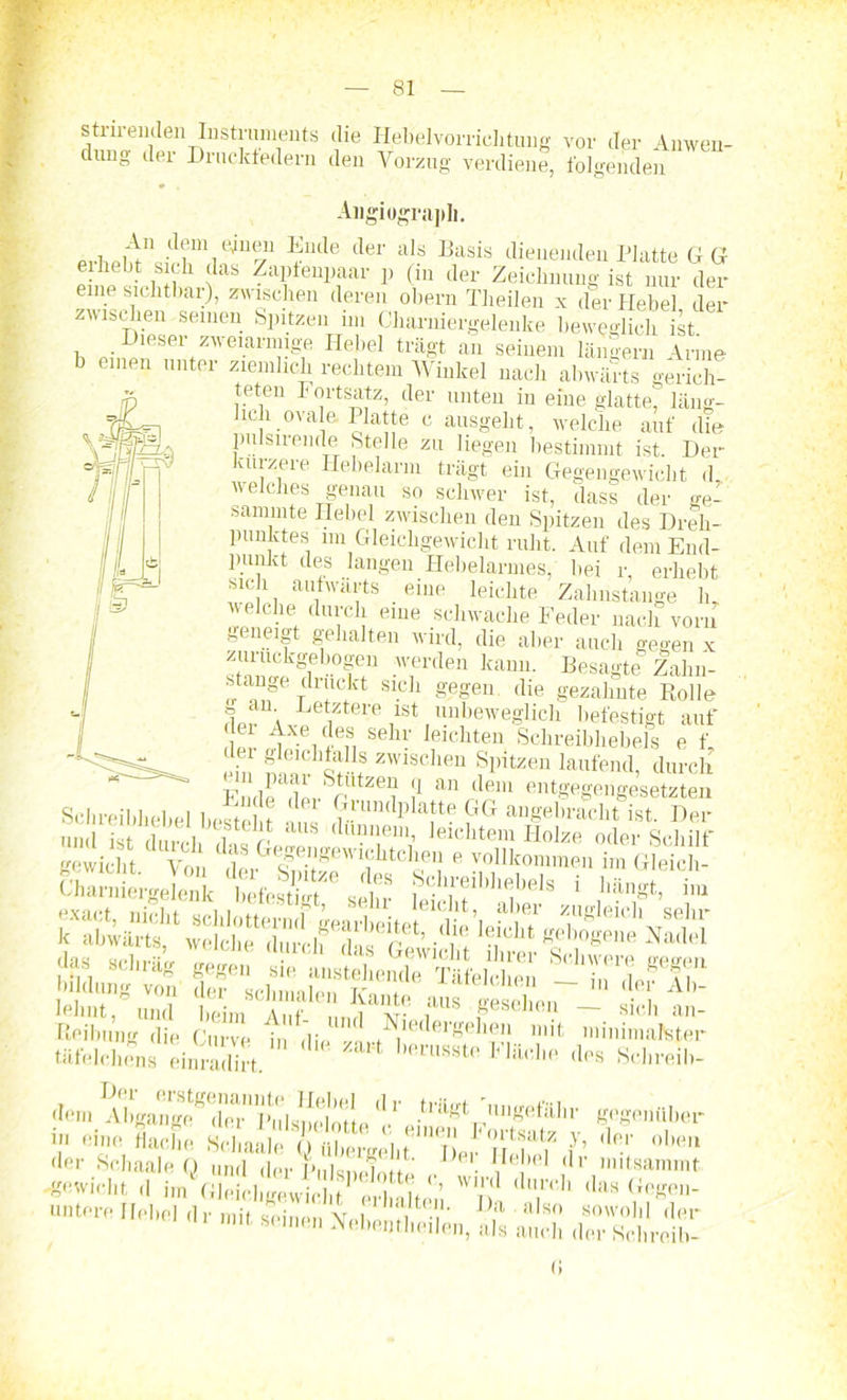 strirenden Instruments die Hebelvorrichtung vor der Anwen- dung der Drucktedern den Vorzug verdiene, folgenden Angiograph. An dem ejnen Ende der als Basis dienenden Platte G G erhebt sich das Zaptenpaar p (in der Zeichnung ist nur der eine sichtbar), zwischen deren obern Theilen x der Hebel der zwischen seinen Spitzen im Charniergelenke beweglich ist. _ I leser zweiarmige Hebel trägt an seinem langem Anne b einen unter ziemlich rechtem Winkel nach abwärts gerich- teten Fortsatz, der unten in eine glatte' läng- lich ovale. Platte c ansgeht, welche auf die pulsuende Stelle zu liegen bestimmt ist. Der kürzere Hebelarm trägt ein Gegengewicht d, welches genau so schwer ist, dass der ge- sanimte Hebel zwischen den Spitzen des Dreh- punktes im Gleichgewicht ruht. Auf dem End- punkt des langen Ilebelarmes, bei r, erhebt sich aufwärts eine leichte Zahnstange ln welche durch eine schwache Feder nach vorn geneigt gehalten wird, die aber auch gegen x zuruckgebogen werden kann. Besagte Zahn- stange drnckt sich gegen die gezahnte Rolle iw a Letztere ist unbeweglich befestigt auf ini sehV leichten Schreibhebels e f, gleichfalls zwischen Spitzen laufend, durch FndeadLSrUtZe? I1 an -dem entgegengesetzten Sclireibhebel beste t GnimlphLtte pG angebracht ist. Der und isf <l„,. .1 in 8 dünnem, leichtem Holze oder Schilf gewicht Von der>sKWfltC«61? 6 vollko™en im Gleich Charniergelenk tfesff s,S j Längt, im lehnt, und beim An? feScl,01.‘ ~ sich an’ Reibung die Curve in die v,h‘ , eiKel1“1 lm( minimalster täfelchens einradirt. ‘ beru88tn des Schreib- dem Abgänge*1 dT^Ihilslm'otte 'V ^'^ gefähr gegenüber f Le Hache siLe^^^f- d>' «tiwiclit .1 im filridij-ewirl t L WIJ.' <lll.lv,i ',IIM «egeu-