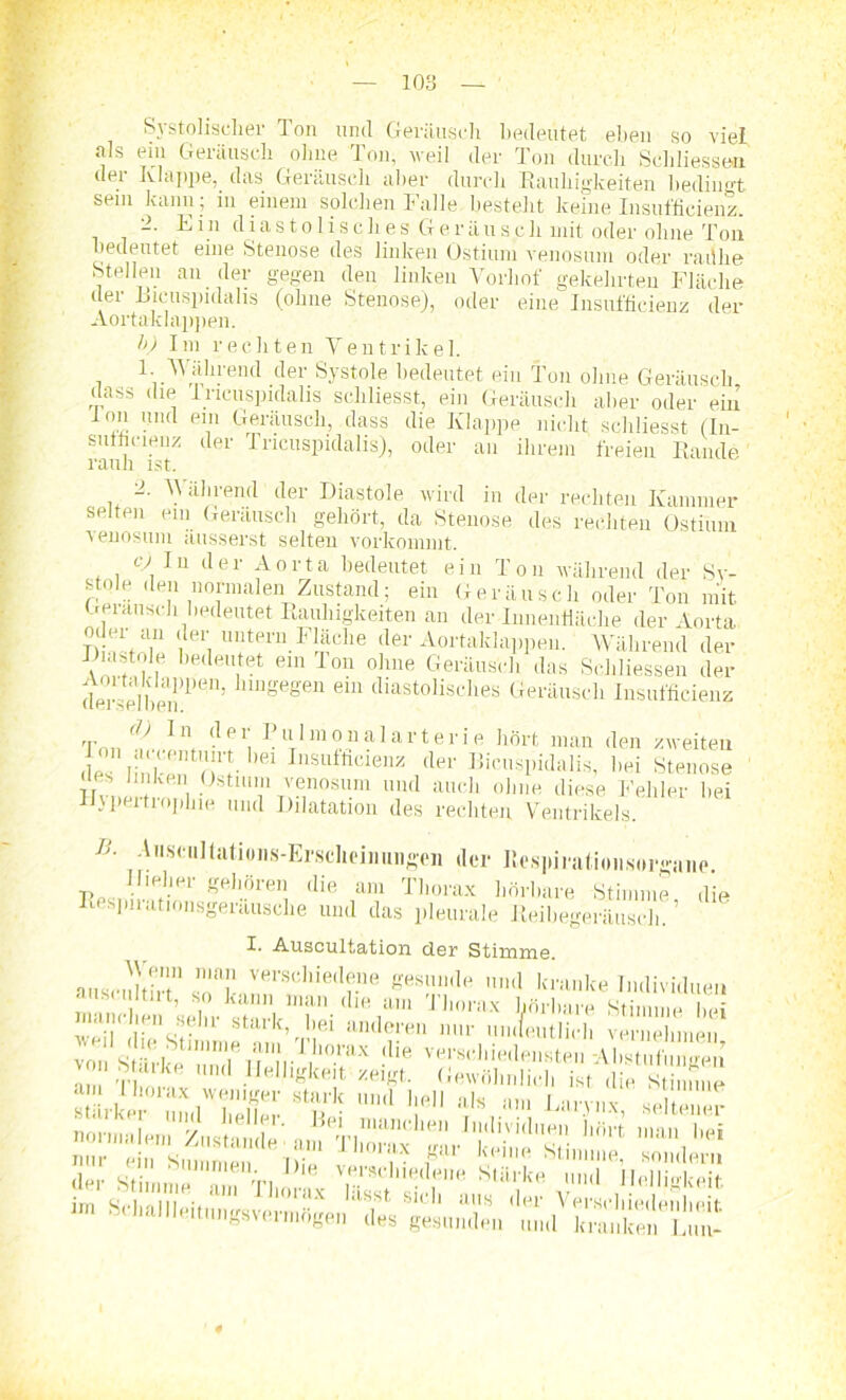 Systolischer Ion lind Geräusch bedeutet eben so viel als ein Geräusch ohne Ton, weil der Ton durch Schliessen der Klappe, das Geräusch aber durch Rauhigkeiten bedingt sein kann; in einem solchen Falle bestellt keine Insufficienz. -• -^iJ1 diastolisdies Geräusch mit oder ohne Ton bedeutet eine Stenose des linken Ostium venosuin oder railhe Stellen an der gegen den linken Vorhof gekehrten Fläche der Uicuspidalis (ohne Stenose), oder eine Insufficienz der Aortaklappen. />) Tm rechten Ventrikel. . 1- 'Während der Systole bedeutet ein Ton ohne Geräusch dass die Tncuspidalis schliesst, ein Geräusch aber oder ein Ion und ein Geräusch, dass die Klappe nicht schliesst (In- sutncienz der Tncuspidalis), oder an ihrem freien Rande rauh ist. ± Während der Diastole wird in der rechten Kammer selten ein Geräusch gehört, da Stenose des rechten Ostium venosum äusserst selten vorkommt. cj'In der Aorta bedeutet ein Ton während der Sy- stole den normalen Zustand; ein Geräusch oder Ton mit Gei ausch bedeutet Rauhigkeiten an der Inneiffiäche der Aorta oder an der untern Fläche der Aortaklappen. Während der a Vir ,,e<1™,tet em lou ohne Geräusch das Schlüssen der de!' ell')(jn^H U> ail°e®en eai diastolisches Geräusch Insufficienz ri’ ^11 d<?1‘ Pulnionalarterie hört man den zweiten ,;:r nV)ei Insuftlcienz der Uicuspidalis, bei Stenose 1,kenI 0stl111'1 venosum und auch ohne diese Fehler bei Hypertrophie und Dilatation des rechten Ventrikels JS' A»scuJtittioiis-ErscIiciiningen der Respiration,sorgane. Ilieber gehören die am Thorax hörbare Stimme die Respnationsgerausclie und das pleurale Reibegeräuscli. ’ I. Auscultation der Stimme. auscuhirf11 ,na2 VerSchie<1™e Ses«ud« ”'“1 kmnke Individuen aus. ultnt, so kann man die am 'Thorax hörbare Stimme bei weiT IFSF U StarkDn’1ei anderen nur mu/eutlicb vernehmen jsän, Sä ssuirsn ii; „f “IV lnlivi.1,,™ l,S „a» M sSaSÄS 0