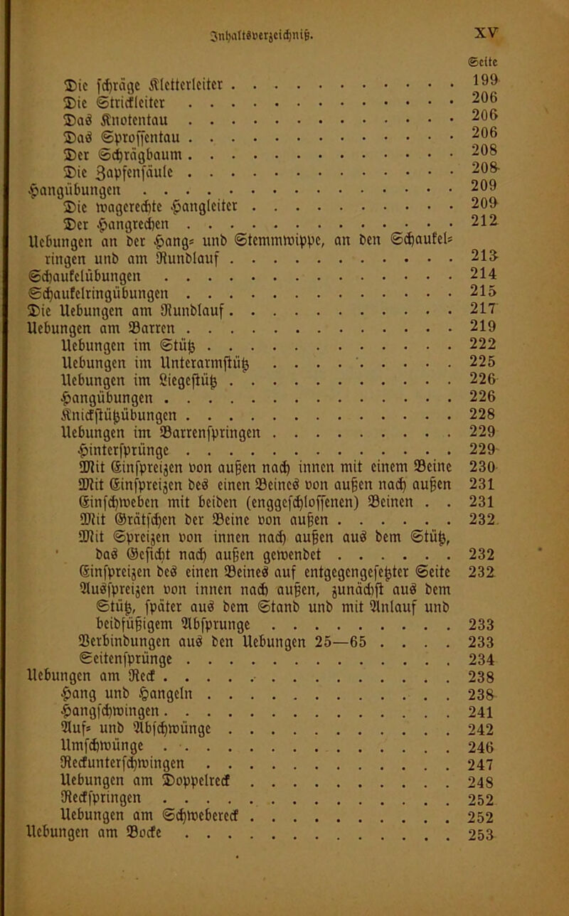 3ntyfltt8»erjcicf)ni§. ©ie fdjrägc Äletterleiter ©ie ©tricfleiter ©aö Änotentau ©ad ©proffentau ©er ©egrägbaum ©ic 3apf«nfäule Hangübungen ©ie magereebte Hangleiter ©er Hangre^en Hebungen an ber Hang5 unb ©temmmippc, an ben ©djaufel* ringen unb am IRunblauf ©djaufclübungen ©djaufclringübungen ©ie Uebungen am ©unblauf Hebungen am ©arren Uebungen im ©tüg Uebungen im Untcrarmfiüi) . . . . Uebungen im Siegeftüg Hangübungen itnicfjlüjjübungen Uebungen im ©arrenfpringen Hinterfprünge ©tit ©infpreijcn r>on äugen nad) innen mit einem ©eine ©lit ßinfpreijen bed einen ©eined non äugen nad) äugen ©nfdpueben mit beiben (enggcf<f)loffcnen) ©einen . . ©tit ®rcitfd)en ber ©eine oon äugen ©tit ©preijen non innen nad) äugen aud bem ©tüjj, bad ©efiebt nad) äugen gemenbet ©infpreisen bed einen ©eined auf entgegen gefegter ©eite Qludfpreijen non innen nad) äugen, guncidifi aud bem ©tü£, [pater aud bem ©tanb unb mit 21nlauf unb beibfügigem ülbfprunge ©erbinbungen aud ben Uebungen 25—65 .... ©eitenfprünge Uebungen am ©ecf Hang unb Hangeln Hangfd)mingen ©uf= unb 'Ubfcgmünge Umfcbmiinge SRecfunterfd)mingen Uebungen am ©oppelretf ©eeffpringen Uebungen am ©cgmcbcrecf Uebungen am ©oefe ©efte 199 206 206 206 208 208- 209 20t) 212 216 214 215 217 219 222 225 226 226 228 229 229 230 231 231 232 232 232 233 233 234 238 238 241 242 246 247 248 252 252 253