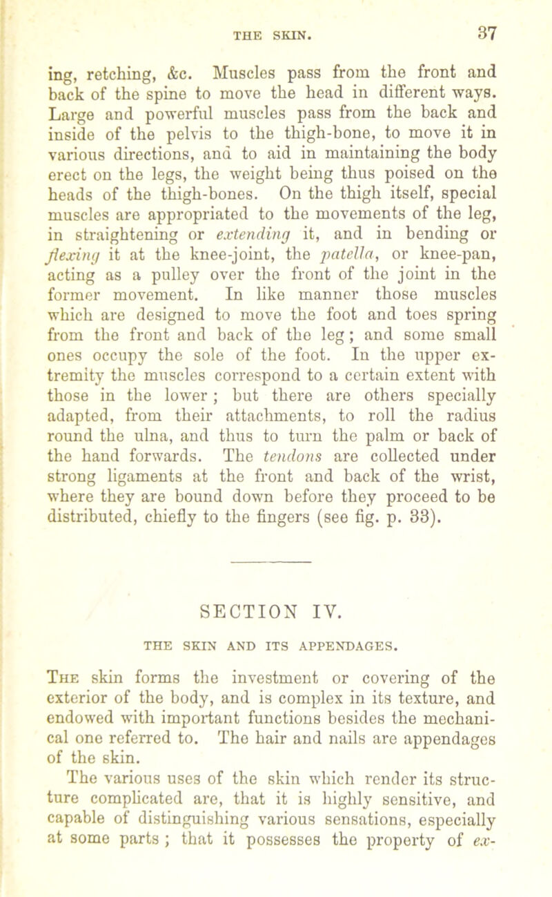 ing, retching, &c. Muscles pass from the front and back of the spine to move the head in different ways. Large and powerful muscles pass from the back and inside of the pelvis to the thigh-bone, to move it in various directions, and to aid in maintaining the body erect on the legs, the weight being thus poised on the heads of the thigh-bones. On the thigh itself, special muscles are appropriated to the movements of the leg, in straightening or extending it, and in bending or flexing it at the knee-joint, the patella, or knee-pan, acting as a pulley over the front of the joint in the former movement. In like manner those muscles which are designed to move the foot and toes spring from the front and back of the leg; and some small ones occupy the sole of the foot. In the upper ex- tremity the muscles correspond to a certain extent with those in the lower; but there are others specially adapted, from their attachments, to roll the radius round the ulna, and thus to turn the palm or back of the hand forwards. The tendons are collected under strong ligaments at the front and back of the wrist, where they are bound down before they proceed to be distributed, chiefly to the fingers (see fig. p. 33). SECTION IV. THE SKIN AND ITS APPENDAGES. The skin forms the investment or covering of the exterior of the body, and is complex in its texture, and endowed with important functions besides the mechani- cal one referred to. The hair and nails are appendages of the skin. The various uses of the skin which render its struc- ture complicated are, that it is highly sensitive, and capable of distinguishing various sensations, especially at some parts ; that it possesses the property of ex-