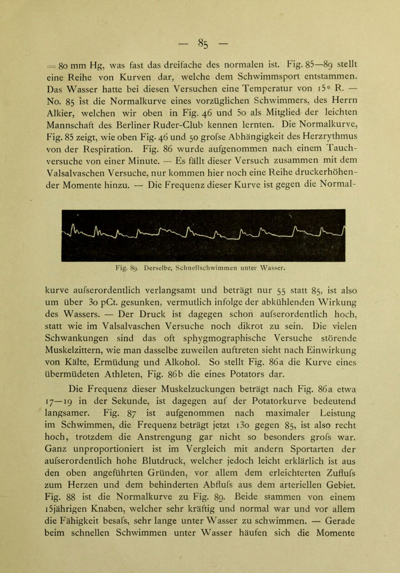 = 80 mm Hg, was fast das dreifache des normalen ist. Fig. 85—89 stellt eine Reihe von Kurven dar, welche dem Schwimmsport entstammen. Das Wasser hatte bei diesen Versuchen eine Temperatur von i5° R. — No. 85 ist die Normalkurve eines vorzüglichen Schwimmers, des Herrn Alkier, welchen wir oben in Fig. 46 und 5o als Mitglied der leichten Mannschaft des Berliner Ruder-Club kennen lernten. Die Normalkurve, Fig. 85 zeigt, wie oben Fig. 46 und 50 grofse Abhängigkeit des Herzrythmus von der Respiration. Fig. 86 wurde aufgenommen nach einem Tauch- versuche von einer Minute. — Es fällt dieser Versuch zusammen mit dem Valsalvaschen Versuche, nur kommen hier noch eine Reihe druckerhöhen- der Momente hinzu. — Die Frequenz dieser Kurve ist gegen die Normal- Fig. 89. Derselbe, Schnellschwimmen unter Wasser. kurve aufserordentlich verlangsamt und beträgt nur 55 statt 85, ist also um über 3o pCt. gesunken, vermutlich infolge der abkühlenden Wirkung des Wassers. — Der Druck ist dagegen schon aufserordentlich hoch, statt wie im Valsalvaschen Versuche noch dikrot zu sein. Die vielen Schwankungen sind das oft sphygmographische Versuche störende Muskelzittern, wie man dasselbe zuweilen auftreten sieht nach Einwirkung von Kälte, Ermüdung und Alkohol. So stellt Fig. 86 a die Kurve eines übermüdeten Athleten, Fig. 86b die eines Potators dar. Die Frequenz dieser Muskelzuckungen beträgt nach Fig. 86 a etwa 17—19 in der Sekunde, ist dagegen auf der Potatorkurve bedeutend langsamer. Fig. 87 ist aufgenommen nach maximaler Leistung im Schwimmen, die Frequenz beträgt jetzt i3o gegen 85, ist also recht hoch, trotzdem die Anstrengung gar nicht so besonders grofs war. Ganz unproportioniert ist im Vergleich mit andern Sportarten der aufserordentlich hohe Blutdruck, welcher jedoch leicht erklärlich ist aus den oben angeführten Gründen, vor allem dem erleichterten Zuflufs zum Herzen und dem behinderten Abflufs aus dem arteriellen Gebiet. Fig. 88 ist die Normalkurve zu Fig. 89. Beide stammen von einem 15jährigen Knaben, welcher sehr kräftig und normal war und vor allem die Fähigkeit besafs, sehr lange unterWasser zu schwimmen. — Gerade beim schnellen Schwimmen unter Wasser häufen sich die Momente