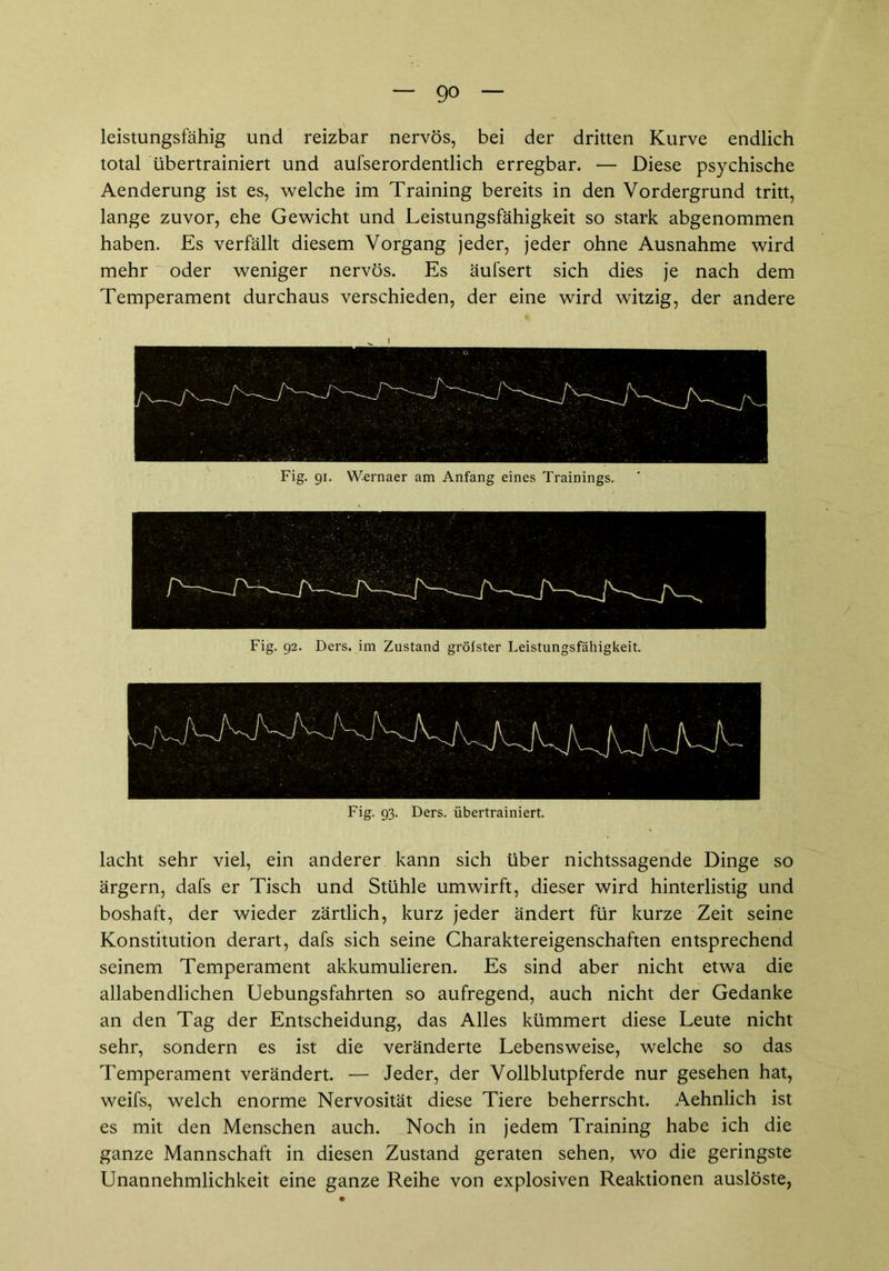 leistungsfähig und reizbar nervös, bei der dritten Kurve endlich total übertrainiert und aufserordentlich erregbar. — Diese psychische Aenderung ist es, welche im Training bereits in den Vordergrund tritt, lange zuvor, ehe Gewicht und Leistungsfähigkeit so stark abgenommen haben. Es verfällt diesem Vorgang jeder, jeder ohne Ausnahme wird mehr oder weniger nervös. Es äufsert sich dies je nach dem Temperament durchaus verschieden, der eine wird witzig, der andere Fig. 91. W-ernaer am Anfang eines Trainings. Fig. 92. Ders. im Zustand gröfster Leistungsfähigkeit. Fig. 93. Ders. übertrainiert. lacht sehr viel, ein anderer kann sich über nichtssagende Dinge so ärgern, dafs er Tisch und Stühle um wirft, dieser wird hinterlistig und boshaft, der wieder zärtlich, kurz jeder ändert für kurze Zeit seine Konstitution derart, dafs sich seine Charaktereigenschaften entsprechend seinem Temperament akkumulieren. Es sind aber nicht etwa die allabendlichen Uebungsfahrten so aufregend, auch nicht der Gedanke an den Tag der Entscheidung, das Alles kümmert diese Leute nicht sehr, sondern es ist die veränderte Lebensweise, welche so das Temperament verändert. — Jeder, der Vollblutpferde nur gesehen hat, weifs, welch enorme Nervosität diese Tiere beherrscht. Aehnlich ist es mit den Menschen auch. Noch in jedem Training habe ich die ganze Mannschaft in diesen Zustand geraten sehen, wo die geringste Unannehmlichkeit eine ganze Reihe von explosiven Reaktionen auslöste,