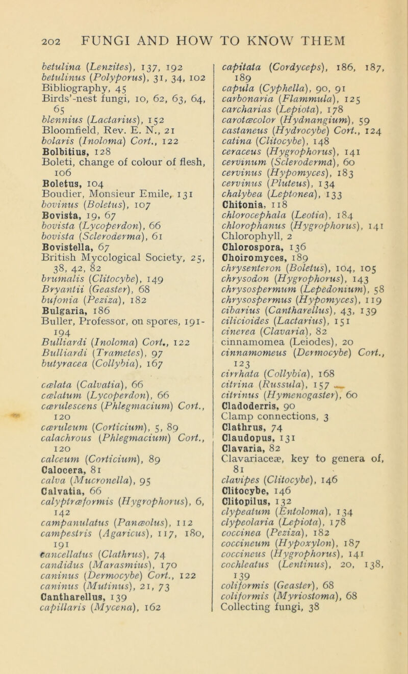 betulina [Lenzites), 137, 192 betulinus {Polyporus), 31, 34, 102 Bibliography, 45 Birds’-nest fungi, 10, 62, 63, 64, blennius {Lactarius), 152 Bloomfield, Rev. E. N., 21 bolaris {Inoloma) Cort., 122 Bolbitius, 128 Boleti, change of colour of flesh, 106 Boletus, 104 Boudier, Monsieur Emile, 131 bovinns {Boletus), 107 Bovista, 19, 67 bovista {Ly coper don), 66 bovista [Scleroderma), 61 Bovistella, 67 British Mycological Society, 25, 38, 42, 82 brumalis [Clitocybe), 149 Bryantii [Geaster), 68 bufonia [Peziza), 182 Bulgaria, 186 Buller, Professor, on spores, 191- 194 Bulliardi [Inoloma) Cort,, 122 Biilliardi [Trametes), 97 butyracea [Collybia), 167 ccBlata [Calvatia), 66 ccelatnm [Ly coper don), 66 ccerulescens [Phlegmacium) Cort., 120 ccsruleuni [Corticium), 5, 89 calachrons [Phlegmacium) Cort., 120 calceum [Corticium), 89 Calocera, 81 calva [Mucronella), 95 Calvatia, 66 calyptrceformis [Hygrophorus), 6, 142 campanulatus [Pancsolus), 112 campestris [Agaricus), 117, 180, 191 eancellatus [Clathrus), 74 candidus [Marasmius), 170 caninus [Dermocybe) Cort., 122 caninus [Mutinus), 21, 73 Cantharellus, 139 capillaris [Mycena), 162 capital a [Cordyceps), 186, 187, 189 capula [Cyphella), 90, 91 carbonaria [Flammula), 125 carcharias [Lepiota), 178 carotcBcolor [Hydnangium), 59 castaneus [Hydrocybe) Cort,, 124 catina [Clitocybe), 148 ceraceus [Hygrophorus), 141 cervxnum [Scleroderma), 60 cervinus [Hypomyces), 183 cervinus [Pluteus), 134 chalybea [Leptonea), 133 Chitonia, 118 chlorocephala [Leotia), 184 chlorophanus [Hygrophorus), 141 Chlorophyll, 2 Chlorospora, 136 Choiromyces, 189 chrysenteron [Boletus), 104, 105 chrysodon [Hygrophorus), 143 chrysospermum [Lepedonium), 58 chrysospermus [Hypomyces), 119 cibarius [Cantharellus), 43, 139 cilicioides [Lactarius), 151 cinerea [Clavaria), 82 cinnamomea (Leiodes), 20 cinnamomeus [Dermocybe) Cort., 123 cirrhata [Collybia), 168 citrina [Russula), 15 7 citrinus [Hymenogaster), 60 Cladoderris, 90 Clamp connections, 3 Clathrus, 74 Claudopus, 131 Clavaria, 82 Clavariaceae, key to genera of, 81 clavipes [Clitocybe), 146 Clitocybe, 146 Clitopilus, 132 clypeatum [Entoloma), 134 clypeolaria [Lepiota), 178 coccinea [Peziza), 182 coccineum [Hypoxylon), 187 coccineus [Hygrophorus), 141 cochleatus [Lentinus), 20, 138, 139 coliformis [Geaster), 68 coliformis [Myriostoma), 68 Collecting fungi, 38