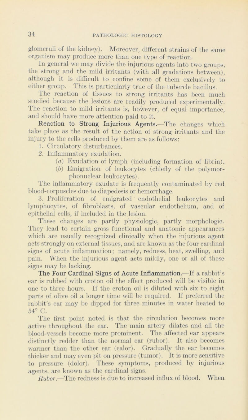 glomeruli of the kitlney). Moreover, different strains of the same organism may produce more than one type of reaction. In general we may tlivide the injurious agents into two groujis, the strong and the mild irritants (with all gradations lietween), although it is difficult to confine some of them exclusively to either group. This is particularly true of the tubercle bacillus. Ihe reaction of tissues to strong irritants has been much studied because the lesions are readil}' ])roduced experimentally. 1 he reaction to mild irritants is, however, of equal importance, and should have more attention paid to it. Reaction to Strong Injurious Agents.—The changes which take place as the result of the action of strong irritants and the injury to the cells produced by them are as follows: 1. Circulatory tlisturbances. 2. Inflammatory exudation. (a) Exudation of lyinj^h (including formation of fibrin). (b) Emigration of leukocytes (chiefly of the polymor- phonuclear leukocytes). The inflammatory exudate is frequently contaminated l)y red blood-corpuscles due to diapedesis or hemorrhage. 3. Proliferation of emigrated endothelial leukocytes and lymphocytes, of fil^roblasts, of vascular endothelium, and of epithelial cells, if included in the lesion. These changes are partly ])hysiologic, partly morphologic. They lead to certain gross functional and anatomic a]^])earances which are usually recognized clinically when the injurious agent acts strongly on external tissues, and are known as the four cardinal signs of acute inflammation; namely, redness, heat, swelling, and pain. When the injurious agent acts mildly, one or all of these signs may be lacking. The Four Cardinal Signs of Acute Inflammation.—If a rabliit’s ear is rulibed with croton oil the effect produced will be visible in one to three hours. If the croton oil is diluted with six to eight parts of olive oil a longer time will be required. If preferred the rablflt’s ear may be dipped for three minutes in water heated to 54° C. The first point noted is that the circulation l)ecomes more active throughout the ear. The main artery dilates and all the blood-vessels become more prominent. The affected ear appears distinctly redder than the normal ear (rubor). It also becomes warmer than the other ear (calor). Gradually the ear becomes thicker and may even pit on pressure (tumor). It is more sensitive to pressure (dolor). These sym])toms, produced by injurious agents, are known as the cardinal signs. Rubor.—The redness is due to increased influx of blood. When