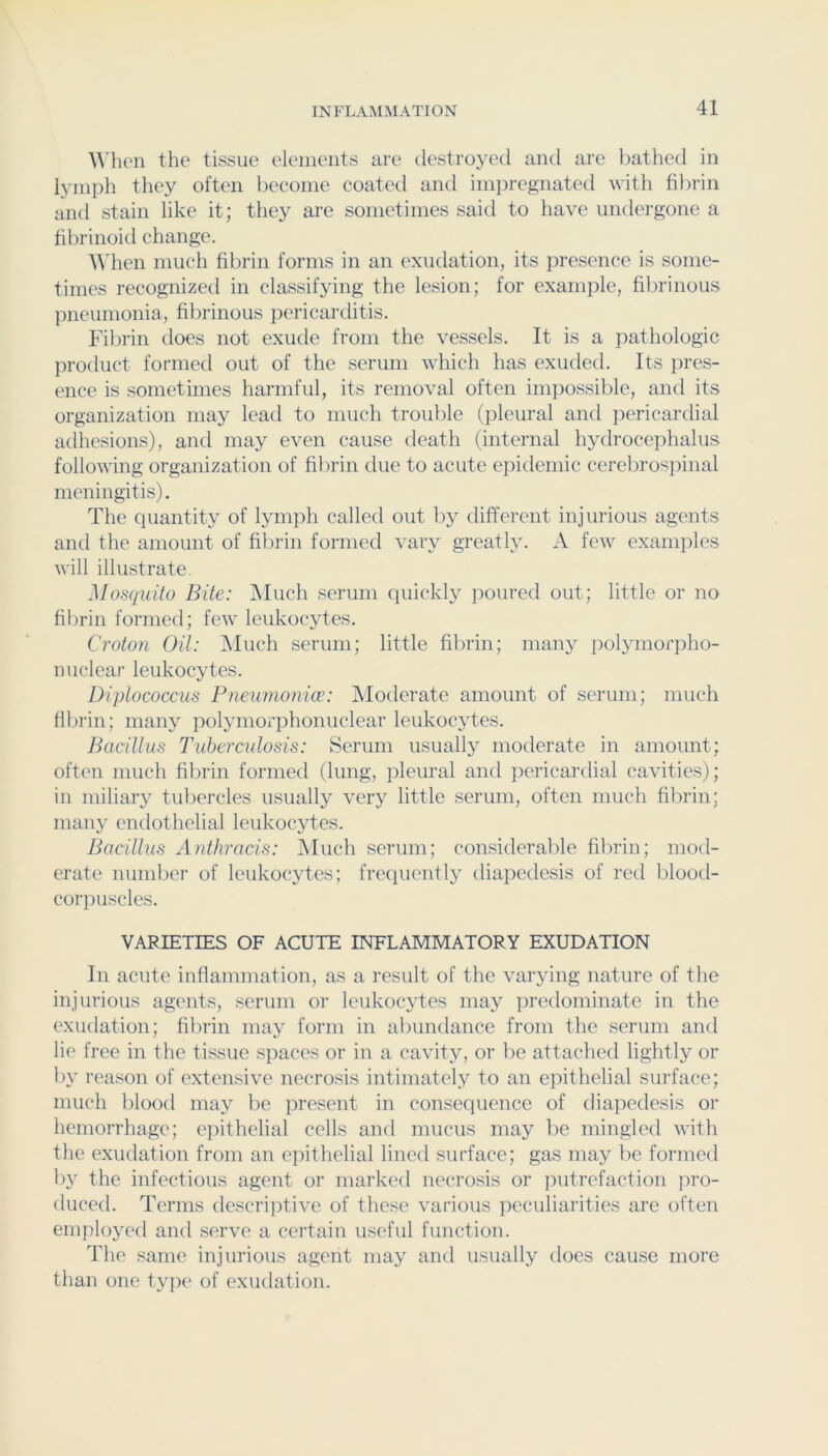A\'hon the tissue elements are destroyed and are bathed in lymph they often become coated and impregnatetl with fibrin and stain like it; they are sometimes said to have undergone a fibrinoid change. A\dien much fibrin forms in an exudation, its presence is some- times recognized in classifying the lesion; for example, fibrinous pneumonia, fibrinous pericarditis. Fibrin does not exude from the vessels. It is a pathologic product formed out of the serum which has exuded. Its jires- ence is sometimes harmful, its removal often impossible, and its organization may lead to much trouble (pleural and pericardial adhesions), and may even cause death (internal hjTlrocephalus following organization of fibrin due to acute epidemic cerebrospinal meningitis). The quantity of lymph called out by different injurious agents and the amount of fibrin formed vary greatly. A few examiiles will illustrate. Mosquito Bite: ]\Iuch serum quickl}' poured out; little or no fibrin formed; few leukocytes. Croton Oil: i\Iuch serum; little fibrin; many ])olyniorpho- nuclear leukocytes. Diptococcus Pneumonice: jModerate amount of serum; much fibrin; many polymorphonuclear leukocytes. Bacillus Tuberculosis: Serum usually moderate in amount; often much fibrin formed (lung, pleural and pericardial cavities); in miliary tubercles usually very little serum, often much fibrin; many endothelial leukocytes. Bacillus Anthracis: iNIucli serum; considerable filirin; mod- erate number of leukocytes; frequently diapedesis of red blootl- corpuscles. VARIETIES OF ACUTE INFLAMMATORY EXUDATION In acute inflammation, as a result of the varying nature of the injurious agents, serum or leukocytes may predominate in the exudation; fibrin may form in abundance from the serum and lie free in the tissue spaces or in a cavity, or be attached lightly or by reason of extensive necrosis intimately to an epithelial surface; much blood inaj^ be present in consequence of diapedesis or hemorrhage; epithelial cells and mucus may be mingled with the exudation from an epithelial lined surface; gas may lie formed by the infectious agent or marked necrosis or initrefaction jiro- duced. Terms descrijitive of these various peculiarities are often emjiloyed and serve a certain useful function. The same injurious agent may and usually does cause more than one type of exudation.