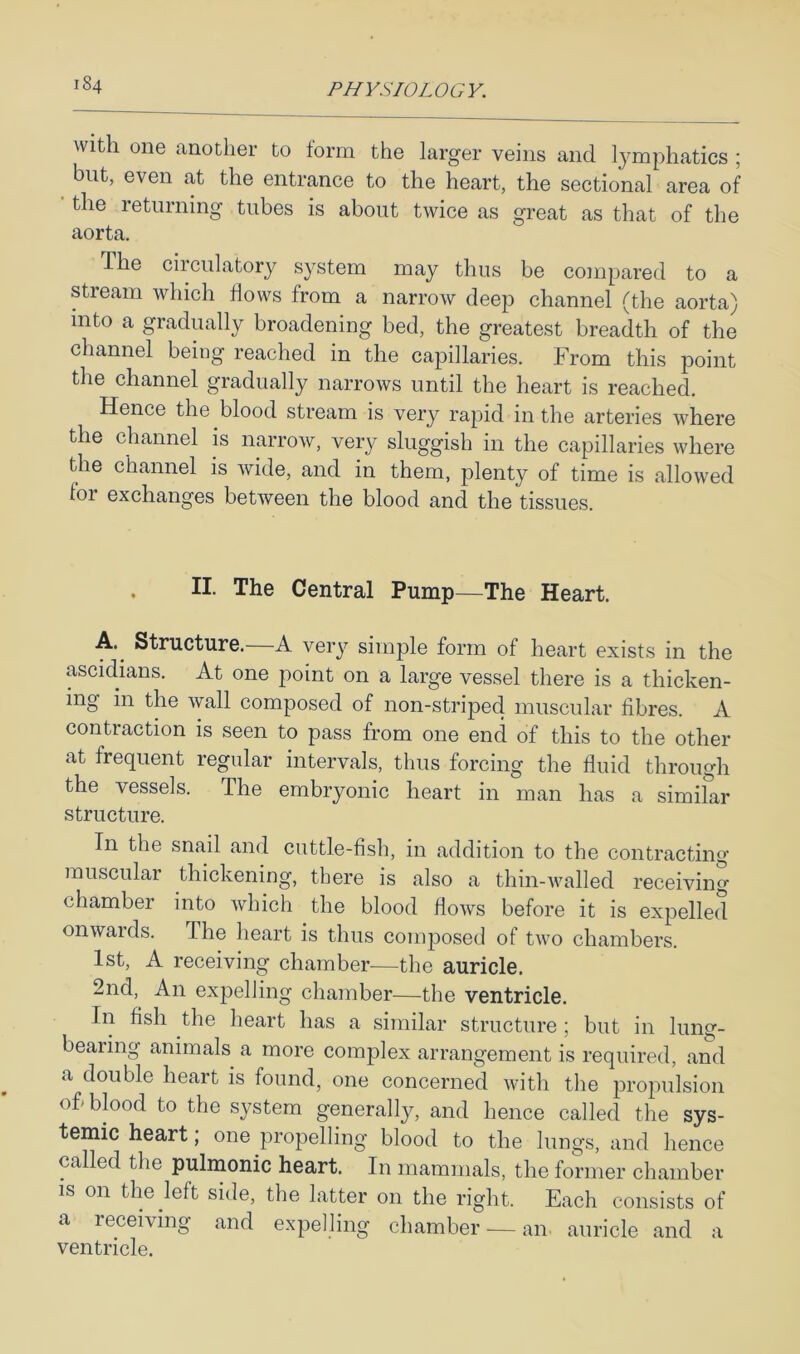 with one another to form the larger veins and lymphatics ; ^ but, even at the entrance to the heart, the sectional area of the returning tubes is about twice as great as that of the aorta. The circulatory system may thus be compared to a stream which Hows from a narrow deep channel (the aorta) into a gradually broadening bed, the greatest breadth of the channel being reached in the capillaries. From this point the channel gradually narrows until the heart is reached. Hence the blood stream is very rapid in the arteries where the channel is narrow, very sluggish in the capillaries where the channel is wide, and in them, plenty of time is allowed for exchanges between the blood and the tissues. II. The Central Pump—The Heart. A.^ Structure. A very simple form of heart exists in the ascidians. At one point on a large vessel there is a thicken- ing in the wall composed of non-striped muscular fibres. A contraction is seen to pass from one end of this to the other at frequent regular intervals, thus forcing the fluid through the vessels. The embryonic heart in man has a simifar structure. In the snail and cuttle-fish, in addition to the contracting muscular thickening, there is also a thin-walled receiving chamber into which the blood flows before it is exj^elled onwards. The heart is thus composed of two chambers. 1st, A receiving chamber-—the auricle. 2nd, An expelling chamber—the ventricle. In fish the heart has a similar structure ; but in lung- bearing animals a more complex arrangement is required, and a double heart is found, one concerned with the propulsion ofi blood to the system generally, and hence called the sys- temic heart; one propelling blood to the lungs, and hence called the pulmonic heart. In mammals, the former chamber is on the left side, the latter on the right. Each consists of a receiving and expelling chamber — an auricle and a ventricle.