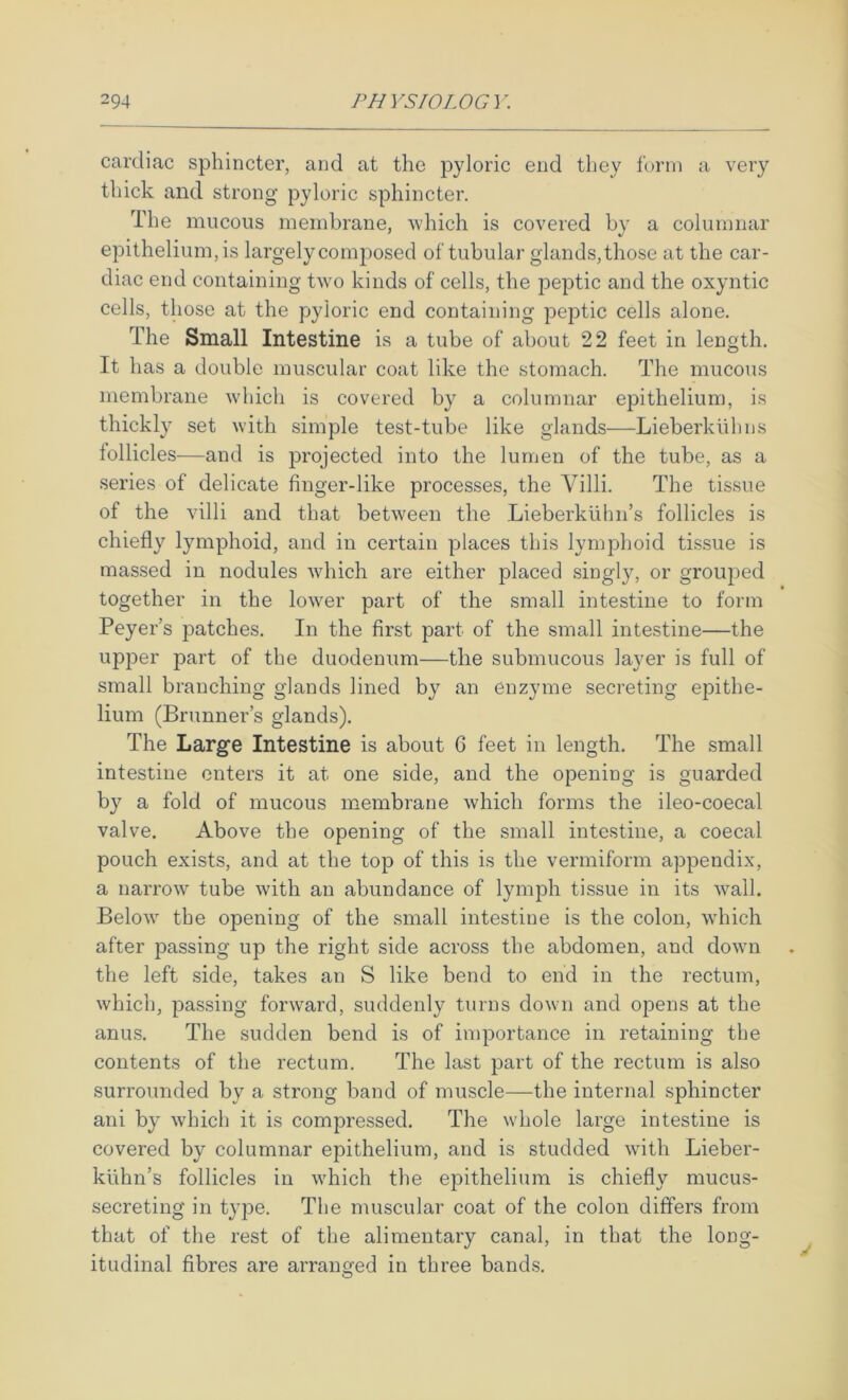 cardiac sphincter, and at the pyloric end they form a very thick and strong pyloric sphincter. The mucous membrane, which is covered by a columnar epithelium, is largely composed of tubular glands, those at the car- diac end containing two kinds of cells, the peptic and the oxyntic cells, those at the pyloric end containing peptic cells alone. The Small Intestine is a tube of about 22 feet in length. It has a double muscular coat like the stomach. The mucous membrane which is covered by a columnar epithelium, is thickly set with simple test-tube like glands—Lieberkfilms iollicles—and is projected into the lumen of the tube, as a series of delicate finger-like processes, the Villi. The tissue of the villi and that between the Lieberkuhn’s follicles is chiefly lymphoid, and in certain places this lymphoid tissue is massed in nodules which are either placed singly, or grouped together in the lower part of the small intestine to form Peyer’s patches. In the first part of the small intestine—the upper part of the duodenum—the submucous layer is full of small branching glands lined by an enzyme secreting epithe- lium (Brunner’s glands). The Large Intestine is about G feet in length. The small intestine enters it at one side, and the opening is guarded by a fold of mucous membrane which forms the ileo-coecal valve. Above the opening of the small intestine, a coecal pouch exists, and at the top of this is the vermiform appendix, a narrow tube with an abundance of lymph tissue in its wall. Below the opening of the small intestine is the colon, wdiich after passing up the right side across the abdomen, and down the left side, takes an S like bend to end in the rectum, which, passing forward, suddenly turns down and opens at the anus. The sudden bend is of importance in retaining the contents of the rectum. The last part of the rectum is also surrounded by a strong band of muscle—the internal sphincter ani by which it is compressed. The whole large intestine is covered by columnar epithelium, and is studded with Lieber- klihn’s follicles in which the epithelium is chiefly mucus- secreting in type. The muscular coat of the colon differs from that of the rest of the alimentary canal, in that the long- itudinal fibres are arranged in three bands.