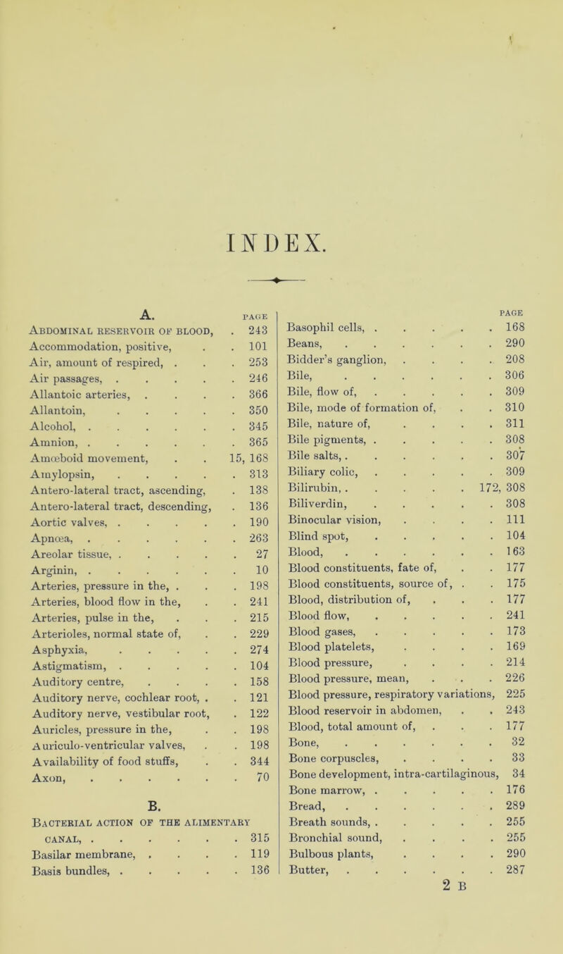 INDEX A. PAGE PAGE Abdominal reservoir of blood, . 243 Basophil cells, .... 168 Accommodation, positive, . 101 Beans, ..... 290 Air, amount of respired, . . 253 Bidder’s ganglion. 208 Air passages, .... . 246 Bile, ..... 306 Allantoic arteries. . 366 Bile, flow of, . 309 Allantoin, .... . 350 Bile, mode of formation of. 310 Alcohol, ..... . 345 Bile, nature of, . . . 311 Amnion, ..... . 365 Bile pigments, .... 308 Amoeboid movement. 15, 168 Bile salts,..... 307 Amylopsin, .... . 313 Biliary colic, .... 309 Antero-lateral tract, ascending. . 138 Bilirubin,. ... . 172 308 Antero-lateral tract, descending. . 136 Biliverdin, . . . . 308 Aortic valves, .... . 190 Binocular vision. 111 Apncea, ..... . 263 Blind spot, .... 104 Areolar tissue, .... . 27 Blood, . . . . . 163 Arginin, ..... . 10 Blood constituents, fate of. 177 Arteries, pressure in the, . . 198 Blood constituents, source of, . 175 Arteries, blood flow in the. . 241 Blood, distribution of. 177 Arteries, pulse in the. . 215 Blood flow, .... 241 Arterioles, normal state of. . 229 Blood gases, . . . . 173 Asphyxia, .... . 274 Blood platelets. 169 Astigmatism, .... . 104 Blood pressure, 214 Auditory centre. . 158 Blood pressure, mean. 226 Auditory nerve, cochlear root, . . 121 Blood pressure, respiratory variations, 225 Auditory nerve, vestibular root. . 122 Blood reservoir in abdomen. 243 Auricles, pressure in the. . 198 Blood, total amount of. 177 A uriculo-ventricular valves. . 198 Bone, ..... 32 Availability of food stuffs. . 344 Bone corpuscles. 33 Axon, ..... . 70 Bone development, intra-cartilaginous. 34 Bone marrow, .... 176 B. Bread, . . . . . 289 Bacterial action of the alimentary Breath sounds, .... 255 canal, . 315 Bronchial sound, 255 Basilar membrane, . . 119 Bulbous plants, 290 Basis bundles, .... . 136 Butter, . . . . . 287 2 B