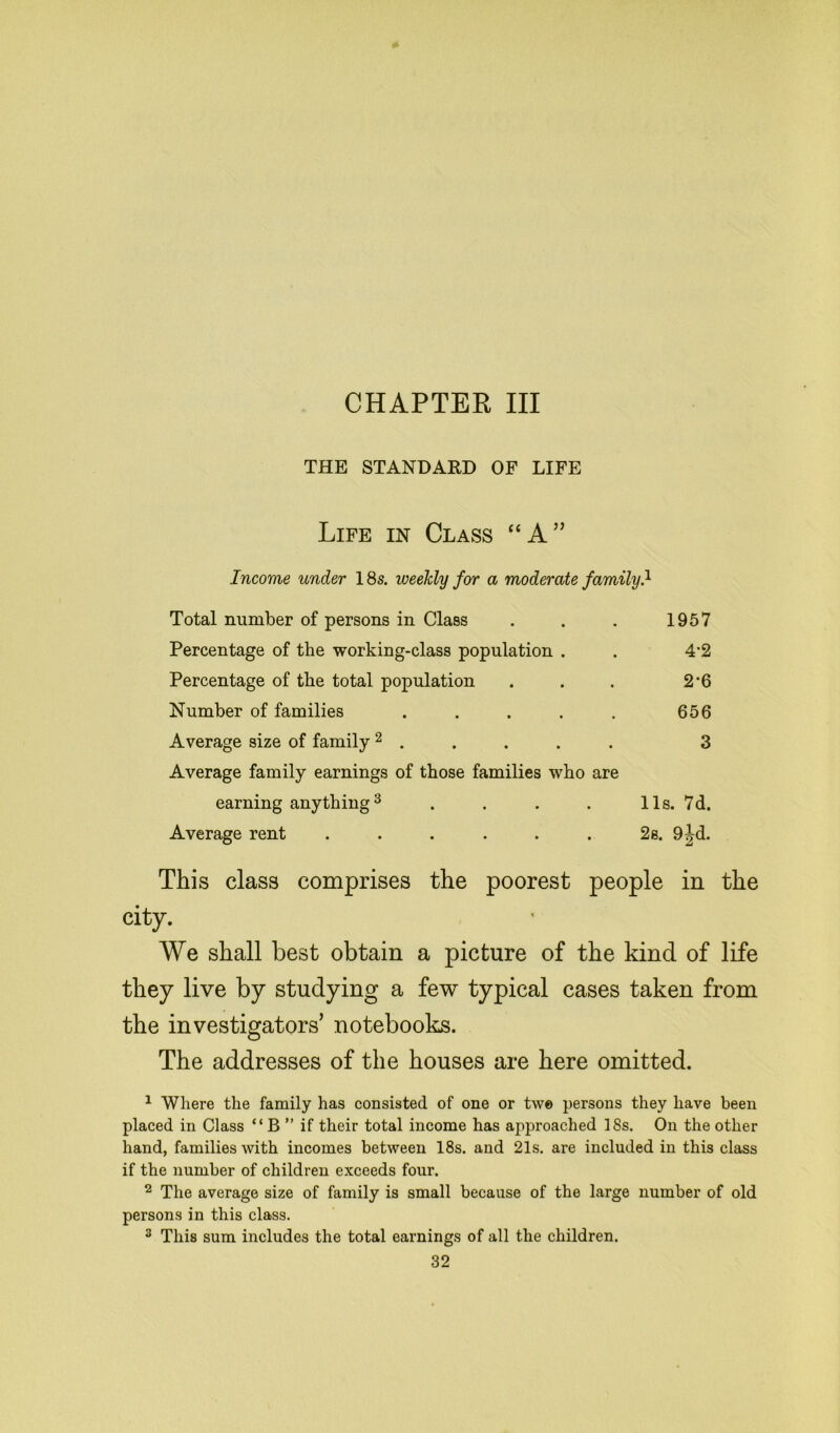 CHAPTER III THE STANDARD OF LIFE Life in Class “A” Income under 18s. iveeJcly for a moderate family} Total number of persons in Class . . . 1957 Percentage of the working-class population . . 4*2 Percentage of the total population . . . 2-6 Number of families . . . . . 656 Average size of family 2 .... 3 Average family earnings of those families who are earning anything3 . . . . 11s. 7d. Average rent . . . . . . 2 s. 9 ^d. This class comprises the poorest people in the city. We shall best obtain a picture of the kind of life they live by studying a few typical cases taken from the investigators’ notebooks. The addresses of the houses are here omitted. 1 Where the family has consisted of one or twe persons they have been placed in Class “ B ” if their total income has approached 18s. On the other hand, families with incomes between 18s. and 21s. are included in this class if the number of children exceeds four. 2 The average size of family is small because of the large number of old persons in this class. 3 This sum includes the total earnings of all the children.