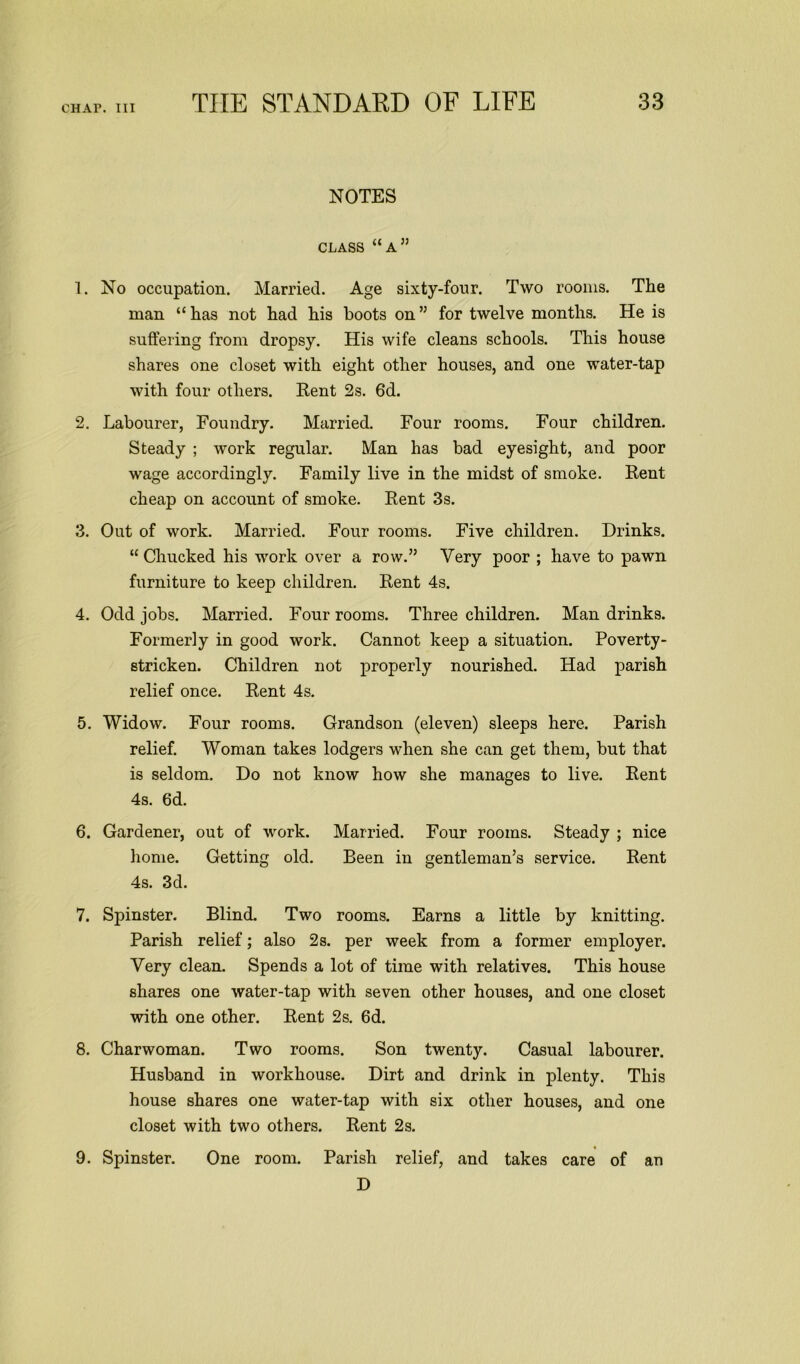 NOTES CLASS “A” 1. No occupation. Married. Age sixty-four. Two rooms. The man “ has not had his hoots on ” for twelve months. He is suffering from dropsy. His wife cleans schools. This house shares one closet with eight other houses, and one water-tap with four others. Rent 2s. 6d. 2. Labourer, Foundry. Married. Four rooms. Four children. Steady ; work regular. Man has bad eyesight, and poor wage accordingly. Family live in the midst of smoke. Rent cheap on account of smoke. Rent 3s. 3. Out of work. Married. Four rooms. Five children. Drinks. “ Chucked his work over a row.” Very poor ; have to pawn furniture to keep children. Rent 4s. 4. Odd jobs. Married. Four rooms. Three children. Man drinks. Formerly in good work. Cannot keep a situation. Poverty- stricken. Children not properly nourished. Had parish relief once. Rent 4s. 5. Widow. Four rooms. Grandson (eleven) sleeps here. Parish relief. Woman takes lodgers when she can get them, but that is seldom. Do not know how she manages to live. Rent 4s. 6d. 6. Gardener, out of work. Married. Four rooms. Steady ; nice home. Getting old. Been in gentleman’s service. Rent 4s. 3d. 7. Spinster. Blind. Two rooms. Earns a little by knitting. Parish relief; also 2s. per week from a former employer. Very clean. Spends a lot of time with relatives. This house shares one water-tap with seven other houses, and one closet with one other. Rent 2s. 6d. 8. Charwoman. Two rooms. Son twenty. Casual labourer. Husband in workhouse. Dirt and drink in plenty. This house shares one water-tap with six other houses, and one closet with two others. Rent 2s. 9. Spinster. One room. Parish relief, and takes care of an D