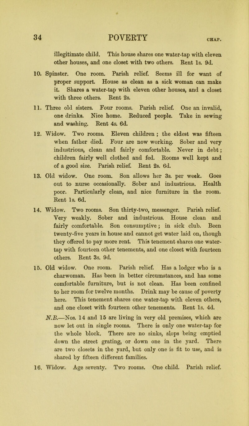 CHAP. illegitimate child. This house shares one water-tap with eleven other houses, and one closet with two others. Rent Is. 9d. 10. Spinster. One room. Parish relief. Seems ill for want of proper support. House as clean as a sick woman can make it. Shares a water-tap with eleven other houses, and a closet with three others. Rent 2 s. 11. Three old sisters. Four rooms. Parish relief. One an invalid, one drinks. Nice home. Reduced people. Take in sewing and washing. Rent 4s. 6d. 12. Widow. Two rooms. Eleven children ; the eldest was fifteen when father died. Four are now working. Sober and very industrious, clean and fairly comfortable. Never in debt; children fairly well clothed and fed. Rooms well kept and of a good size. Parish relief. Rent 2s. 6d. 13. Old widow. One room. Son allows her 3s. per week. Goes out to nurse occasionally. Sober and industrious. Health poor. Particularly clean, and nice furniture in the room. Rent Is. 6d. 14. Widow. Two rooms. Son thirty-two, messenger. Parish relief. Very weakly. Sober and industrious. House clean and fairly comfortable. Son consumptive; in sick club. Been twenty-five years in house and cannot get water laid on, though they offered to pay more rent. This tenement shares one water- tap with fourteen other tenements, and one closet with fourteen others. Rent 3s. 9d. 15. Old widow. One room. Parish relief. Has a lodger who is a charwoman. Has been in better circumstances, and has some comfortable furniture, but is not clean. Has been confined to her room for twelve months. Drink may be cause of poverty here. This tenement shares one water-tap with eleven others, and one closet with fourteen other tenements. Rent Is. 4d. N.B.—Nos. 14 and 15 are living in very old premises, which are now let out in single rooms. There is only one water-tap for the whole block. There are no sinks, slops being emptied down the street grating, or down one in the yard. There are two closets in the yard, but only one is fit to use, and is shared by fifteen different families. 16. Widow. Age seventy. Two rooms. One child. Parish relief.