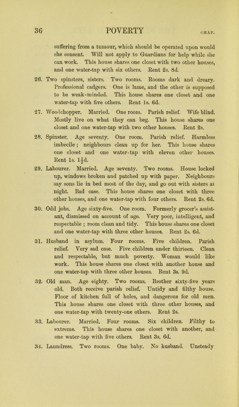 CHAP. suffering from a tumour, which should be operated upon would she consent. Will not apply to Guardians for help while she can work. This house shares one closet with two other houses, and one water-tap with six others. Rent 2s. 8d. 26. Two spinsters, sisters. Two rooms. Rooms dark and dreary. Professional cadgers. One is lame, and the other is supposed to be weak-minded. This house shares one closet and one water-tap with five others. Rent Is. 6d. 27. Woodchopper. Married. One room. Parish relief. Wife blind. Mostly live on what they can beg. This house shares one closet and one water-tap with two other houses. Rent 2s. 28. Spinster. Age seventy. One room. Parish relief. Harmless imbecile ; neighbours clean up for her. This house shares one closet and one water-tap with eleven other houses. Rent Is. l|d. 29. Labourer. Married. Age seventy. Two rooms. House locked up, windows broken and patched up with paper. Neighbours say sons lie in bed most of the day, and go out with sisters at night. Bad case. This house shares one closet with three other houses, and one water-tap with four others. Rent 2s. 6d. 30. Odd jobs. Age sixty-five. One room. Formerly grocer’s assist- ant, dismissed on account of age. Very poor, intelligent, and respectable ; room clean and tidy. This house shares one closet and one water-tap with three other houses. Rent 2s. 6d. 31. Husband in asylum. Four rooms. Five children. Parish relief. Very sad case. Five children under thirteen. Clean and respectable, but much poverty. Woman would like work. This house shares one closet with another house and one water-tap with three other houses. Rent 3s. 9d. 32. Old man. Age eighty. Two rooms. Brother sixty-five years old. Both receive parish relief. Untidy and filthy house. Floor of kitchen full of holes, and dangerous for old men. This house shares one closet with three other houses, and one water-tap with twenty-one others. Rent 2s. 33. Labourer. Married. Four rooms. Six children. Filthy to extreme. This house shares one closet with another, and one water-tap with five others. Rent 3s. 6d. 34. Laundress. Two rooms. One baby. No husband. Unsteady