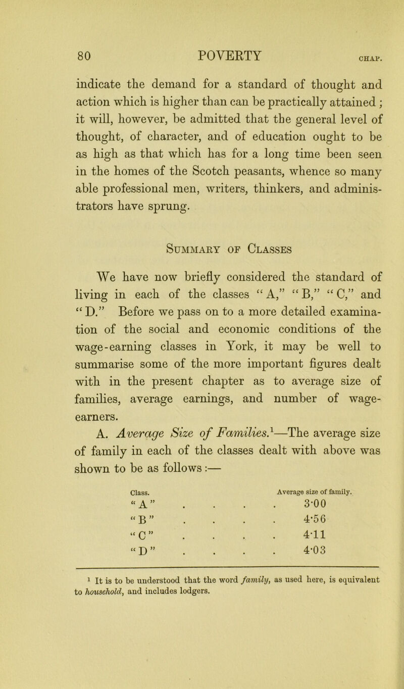 CHAP. indicate the demand for a standard of thought and action which is higher than can be practically attained ; it will, however, be admitted that the general level of thought, of character, and of education ought to be as high as that which has for a long time been seen in the homes of the Scotch peasants, whence so many able professional men, writers, thinkers, and adminis- trators have sprung. Summary of Classes We have now briefly considered the standard of living in each of the classes “ A,” “ B,” “ C,” and “ D.” Before we pass on to a more detailed examina- tion of the social and economic conditions of the wage-earning classes in York, it may be well to summarise some of the more important figures dealt with in the present chapter as to average size of families, average earnings, and number of wage- earners. A. Average Size of Families.1—The average size of family in each of the classes dealt with above was shown to be as follows :— Class. “ A ” “ B ” “C” “D” Average size of family. 3*00 4*56 4T1 4-03 1 It is to be understood that the word family, as used here, is equivalent to household, and includes lodgers.