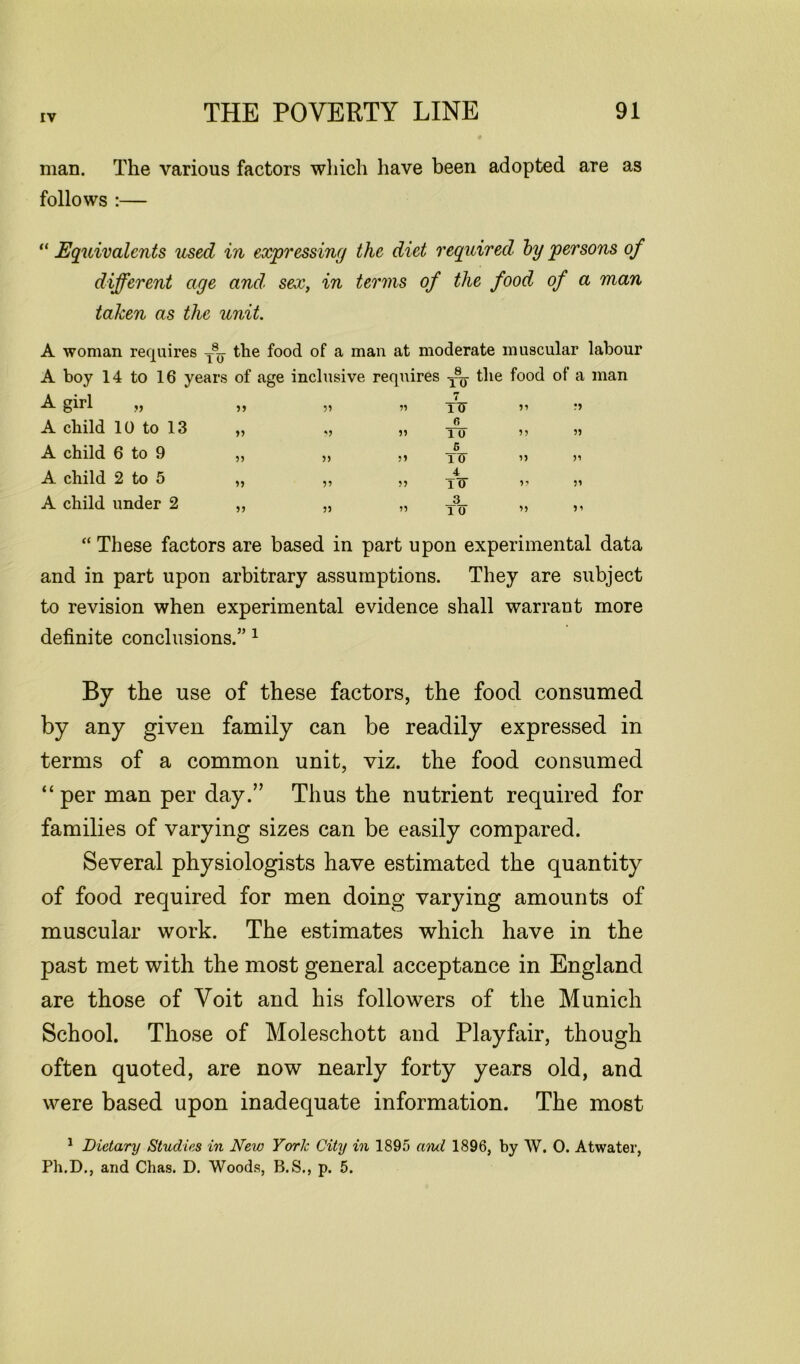 man. The various factors which have been adopted are as follows :— “ Equivalents used in expressing the diet required by persons of different age and sex, in terms of the food of a man taken as the unit. A woman requires —■ the food of a man at moderate muscular labour A boy 14 to 16 years of age inclusive requires the food of a man A girl „ A child 10 to 13 A child 6 to 9 A child 2 to 5 A child under 2 yy yy yy yy yy yy yy yy yy yy yy yy yy yy yy t TOT yy yy (s 10 yy yy 5 TIT yy yy 4 lTF yy yy 3 1 0 yy yy “ These factors are based in part upon experimental data and in part upon arbitrary assumptions. They are subject to revision when experimental evidence shall warrant more definite conclusions.” 1 By the use of these factors, the food consumed by any given family can be readily expressed in terms of a common unit, viz. the food consumed “ per man per day.” Thus the nutrient required for families of varying sizes can be easily compared. Several physiologists have estimated the quantity of food required for men doing varying amounts of muscular work. The estimates which have in the past met with the most general acceptance in England are those of Voit and his followers of the Munich School. Those of Moleschott and Playfair, though often quoted, are now nearly forty years old, and were based upon inadequate information. The most 1 Dietary Studies in New York City in 1895 emcl 1896, by W. 0. Atwater, Ph.D., and Chas. D. Woods, B.S., p. 5.
