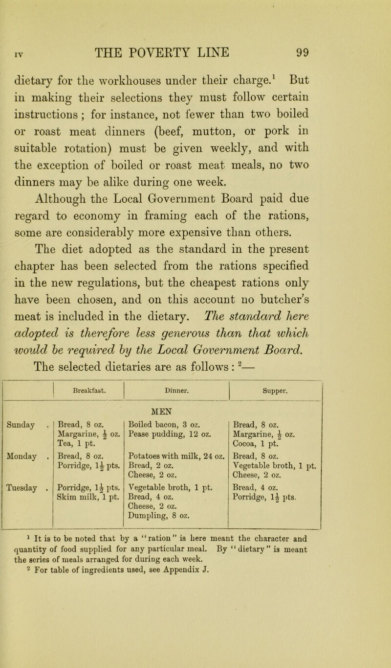 dietary for the workhouses under their charge.1 But in making their selections they must follow certain instructions ; for instance, not fewer than two boiled or roast meat dinners (beef, mutton, or pork in suitable rotation) must be given weekly, and with the exception of boiled or roast meat meals, no two dinners may be alike during one week. Although the Local Government Board paid due regard to economy in framing each of the rations, some are considerably more expensive than others. The diet adopted as the standard in the present chapter has been selected from the rations specified in the new regulations, but the cheapest rations only have been chosen, and on this account no butcher’s meat is included in the dietary. The standard here adopted is therefore less generous than that which would be required by the Local Government Board. The selected dietaries are as follows : 2— Breakfast. Dinner. Supper. MEN Sunday Bread, 8 oz. Margarine, ^ oz. Tea, 1 pt. Boiled bacon, 3 oz. Pease pudding, 12 oz. Bread, 8 oz. Margarine, ^ oz. Cocoa, 1 pt. Monday Bread, 8 oz. Porridge, 1^ pts. Potatoes with milk, 24 oz. Bread, 2 oz. Cheese, 2 oz. Bread, 8 oz. Vegetable broth, 1 pt. Cheese, 2 oz. Tuesday . Porridge, lj$ pts. Skim milk, 1 pt. Vegetable broth, 1 pt. Bread, 4 oz. Cheese, 2 oz. Dumpling, 8 oz. Bread, 4 oz. Porridge, 1| pts. 1 It is to be noted that by a “ration” is here meant the character and quantity of food supplied for any particular meal. By “dietary” is meant the series of meals arranged for during each week. 2 For table of ingredients used, see Appendix J.