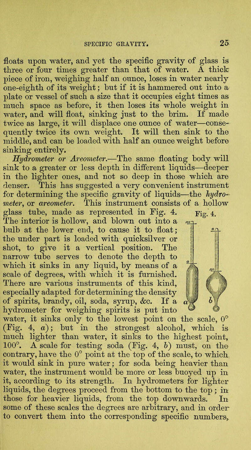 floats upon water, and yet the specific gravity of glass is three or four times greater than that of water. A thick piece of iron, weighing half an ounce, loses in water nearly one-eighth of its weight; hut if it is hammered out into a plate or vessel of such a size that it occupies eight times as much space as before, it then loses its whole weight in water, and will float, sinking just to the brim. If made twice as large, it will displace one ounce of water—conse- quently twice its own weight. It will then sink to the middle, and can be loaded with half an ounce weight before sinking entirely. Hydrometer or Areometer.—The same floating body will sink to a greater or less depth in different liquids—deeper in the lighter ones, and not so deep in those which are denser. This has suggested a very convenient instrument for determining the specific gravity of liquids—the hydro- meter, or areometer. This instrument consists of a hollow glass tube, made as represented in Fig. 4. The interior is hollow, and blown out into a bulb at the lower end, to cause it to float; the under part is loaded with quicksilver or shot, to give it a vertical position. The narrow tube serves to denote the depth to which it sinks in any liquid, by means of a scale of degrees, with which it is furnished. There are various instruments of this kind, especially adapted for determining the density of spirits, brandy, oil, soda, syrup, &c. If a hydrometer for weighing spirits is put into water, it sinks only to the lowest point on the scale, 0° (Fig. 4, a); but in the strongest alcohol, which is much lighter than water, it sinks to the highest point, 100°. A scale for testing soda (Fig. 4, 5) must, on the contrary, have the 0° point at the top of the scale, to which it would sink in pure water; for soda being heavier than water, the instrument would be more or less buoyed up in it, according to its strength. In hydrometers for lighter liquids, the degrees proceed from the bottom to the top ; in those for heavier liquids, from the top downwards. In some of these scales the degrees are arbitrary, and in order to convert them into the corresponding specific numbers,.