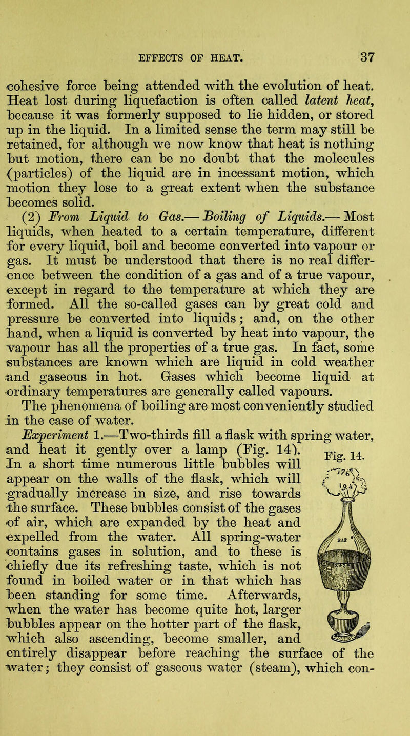 cohesive force being attended with the evolution of heat. Heat lost during liquefaction is often called latent lieat, because it was formerly supposed to lie hidden, or stored rip in the liquid. In a limited sense the term may still be retained, for although we now know that heat is nothing hut motion, there can be no doubt that the molecules {particles) of the liquid are in incessant motion, which motion they lose to a great extent when the substance becomes solid. (2) From Liquid to Gas.— Boiling of Liquids.— Most liquids, when heated to a certain temperature, different for every liquid, boil and become converted into vapour or gas. It must be understood that there is no real differ- ence between the condition of a gas and of a true vapour, except in regard to the temperature at which they are formed. All the so-called gases can by great cold and pressure be converted into liquids; and, on the other band, when a liquid is converted by heat into vapour, the ■vapour has all the properties of a true gas. In fact, some substances are known which are liquid in cold weather und gaseous in hot. Gases which become liquid at •ordinary temperatures are generally called vapours. The phenomena of boiling are most conveniently studied in the case of water. Experiment 1.—-Two-thirds fill a flask with spring water, nnd heat it gently over a lamp (Fig. 14). In a short time numerous little bubbles will appear on the walls of the flask, which will -gradually increase in size, and rise towards •the surface. These bubbles consist of the gases -of air, which are expanded by the heat and -expelled from the water. All spring-water eontains gases in solution, and to these is -chiefly due its refreshing taste, which is not found in boiled water or in that which has been standing for some time. Afterwards, when the water has become quite hot, larger bubbles appear on the hotter part of the flask, which also ascending, become smaller, and entirely disappear before reaching the surface of the water; they consist of gaseous water (steam), which con-