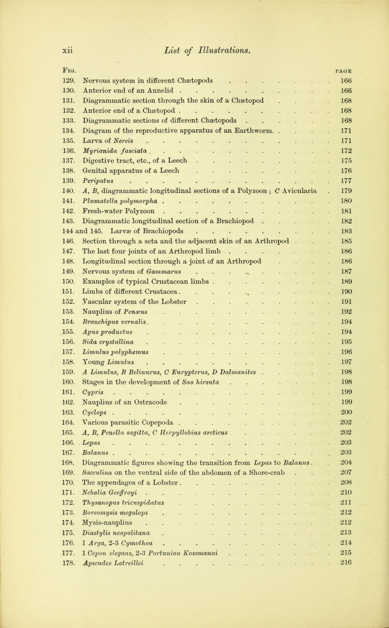 Fig. page 129. Nervous system in different Chsetopods 166 130. Anterior end of an Annelid 166 131. Diagrammatic section through the skin of a Chsetopod . .168 132. Anterior end of a Chsetopod .......... 168 133. Diagrammatic sections of different Chsetopods 168 134. Diagram of the reproductive apparatus of an Earthworm. .... 171 135. Larva of Nereis 171 136. Myrianida fasciata . .......... 172 137. Digestive tract, etc., of a Leech 175 138. Genital apparatus of a Leech .176 139. Peripatus 177 140. A, B, diagrammatic longitudinal sections of a Polyzoon ; C Avicularia . 179 141. Plumatella polymorpha ........... 180 142. Fresh-water Polyzoon 181 143. Diagrammatic longitudinal section of a Brachiopod 182 144 and 145. Larvse of Brachiopods 183 146. Section through a seta and the adjacent skin of an Arthropod . 185 147. The last four joints of an Arthropod limb 186 148. Longitudinal section through a joint of an Arthropod .... 186 149. Nervous system of Gammarus .......... 187 150. Examples of typical Crustacean limbs 189 151. Limbs of different Crustacea „ 190 152. .Vascular system of the Lobster 191 153. Nauplius of Penseus . 192 154. Branchipus vernalis. ........... 194 155. Apus productus ............ 194 156. Sida crystallina ............ 195 157. Limulus polyphemus ........... 196 158. Young Limulus ............ 197 159. A Limulus, B Belinurus, C Eurypterus, D Dalmanites ..... 198 160. Stages in the development of Sao hirsuta- ....... 198 161. Cypris 199 162. Nauplius of an Ostracode 199 163. Cyclops 200 164. Various parasitic Copepoda 202 165. A, B, Penella sagitta, C Herpyllobius arcticus ...... 202 166. Lepas .............. 203 167. Balanus 203 168. Diagrammatic figures showing the transition from Lepas to Balanus . 204 169. Sacculina on the ventral side of the abdomen of a Shore-crab . . 207 170. The appendages of a Lobster. 208 171. Nebalia Geoffroyi 210 172. Thysanopus tricuspidatus . . . . . .211 173. Boreomysis megalops ........... 212 174. Mysis-nauplius 212 175. Diastylis neapolitana . ........ 213 176. 1 Arga, 2-3 Cymotinoa 214 177. 1 Cepon elegans, 2-3 Portunion Kossmanni ....... 215 178. Apseudes Latreillei ........ 216