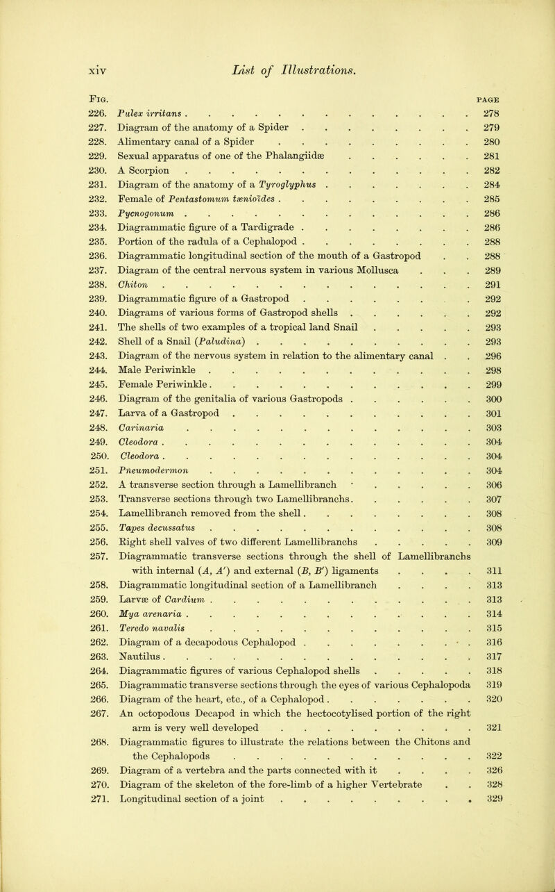Fig. page 226. Pulex irritans ............. 278 227. Diagram of the anatomy of a Spider 279 228. Alimentary canal of a Spider ......... 280 229. Sexual apparatus of one of the Phalangiidse 281 230. A Scorpion 282 231. Diagram of the anatomy of a Tyroglyphus 284 232. Female of Pentastomum taenioides ......... 285 233. Pycnogonum 286 234. Diagrammatic figure of a Tardigrade ........ 286 235. Portion of the radula of a Cephalopod 288 236. Diagrammatic longitudinal section of the mouth of a Gastropod . . 288 237. Diagram of the central nervous system in various Mollusca . . . 289 238. Chiton 291 239. Diagrammatic figure of a Gastropod ...... . 292 240. Diagrams of various forms of Gastropod shells 292 241. The shells of two examples of a tropical land Snail 293 242. Shell of a Snail (Paludina) 293 243. Diagram of the nervous system in relation to the alimentary canal . . 296 244. Male Periwinkle 298 245. Female Periwinkle 299 246. Diagram of the genitalia of various Gastropods 300 247. Larva of a Gastropod 301 248. Carinaria ............. 303 249. Cleodora 304 250. Cleodora 304 251. Pneumodermon ............ 304 252. A transverse section through a Lamellibranch '..... 306 253. Transverse sections through two Lamellibranchs 307 254. Lamellibranch removed from the shell 308 255. Tapes decussatus ............ 308 256. Fight shell valves of two different Lamellibranchs ..... 309 257. Diagrammatic transverse sections through the shell of Lamellibranchs with internal (A, A') and external (B, B') ligaments .... 311 258. Diagrammatic longitudinal section of a Lamellibranch . . . . 313 259. Larvae of Cardium 313 260. Mya arenaria ............. 314 261. Teredo navalis 315 262. Diagram of a decapodous Cephalopod • . 316 263. Nautilus 317 264. Diagrammatic figures of various Cephalopod shells 318 265. Diagrammatic transverse sections through the eyes of various Cephalopoda 319 266. Diagram of the heart, etc., of a Cephalopod 320 267. An octopodous Decapod in which the hectocotylised portion of the right arm is very well developed .321 268. Diagrammatic figures to illustrate the relations between the Chitons and the Cephalopods 322 269. Diagram of a vertebra and the parts connected with it ... 326 270. Diagram of the skeleton of the fore-limb of a higher Vertebrate . . 328 271. Longitudinal section of a joint 329