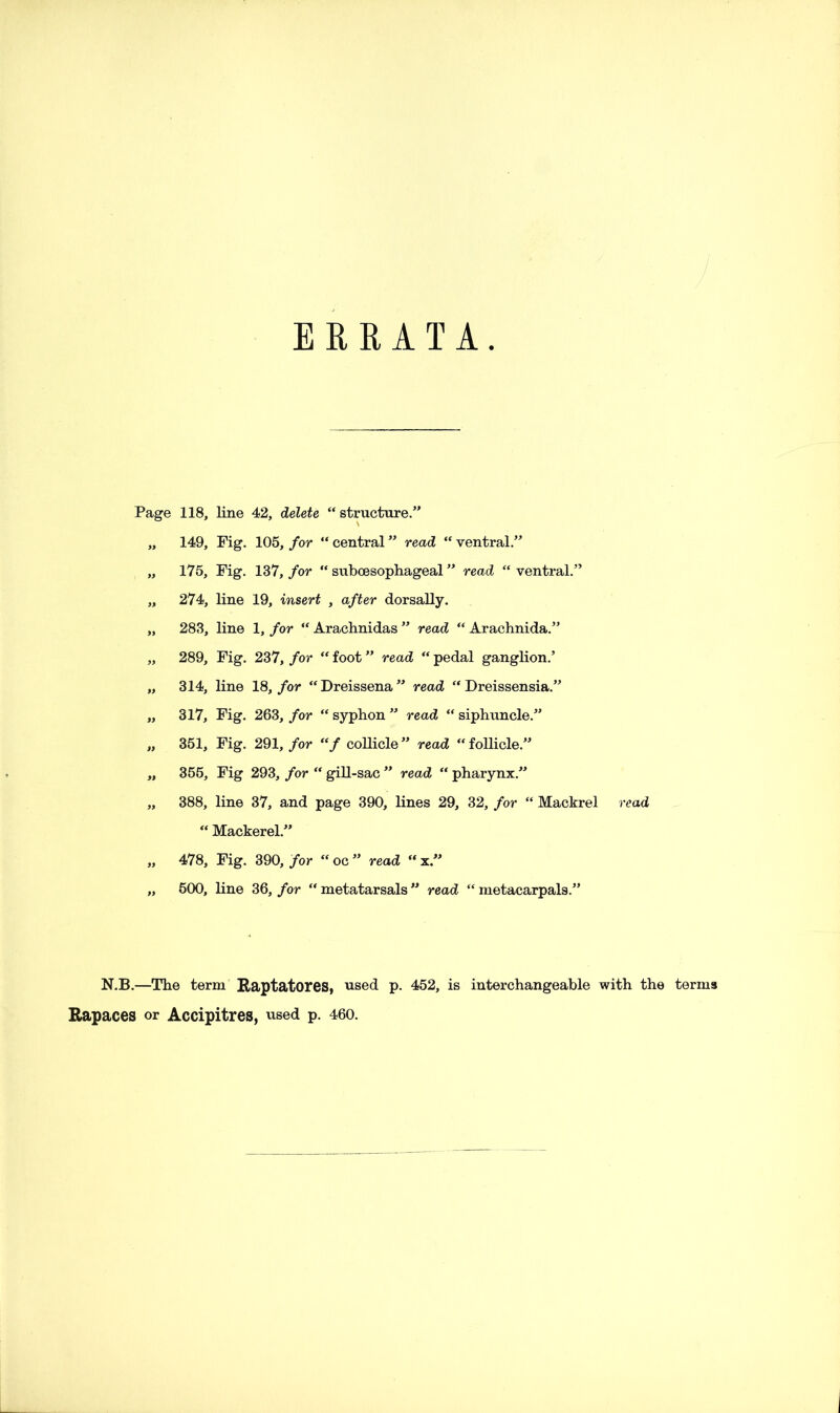 ERRATA. Page 118, line 42, delete “ structure.” „ 149, Fig. 105, for “ central ” read “ ventral.” „ 175, Fig. 137, for “ sub oesophageal ” read “ ventral.” „ 274, line 19, insert , after dorsally. „ 283, line 1, for “ Arachnidas ” read “ Arachnida.” „ 289, Fig. 237, for “ foot ” read “ pedal ganglion.’ „ 314, line 18, for “Dreissena” read “ Dreissensia.” „ 317, Fig. 263, for “ syphon ” read “ siphuncle.” „ 351, Fig. 291, for “f collide ” read “ follicle.” „ 355, Fig 293, for “ gill-sac ” read “ pharynx.” „ 388, line 37, and page 390, lines 29, 32, for “ Mackrel read “ Mackerel.” „ 478, Fig. 390, for “ oc ” read “ x.” „ 500, line 36, for “ metatarsals ” read “ metacarpals.” N.B.—The term Raptatores, used p. 452, is interchangeable with the terms Rapaces or Accipitres, used p. 460.