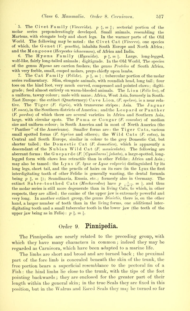 5. The Civet Family (Viverridse). p m sectorial portion of the molar series preponderatingly developed. Small animals, resembling the Martens, with elongate body and short legs. In the warmer parts of the Old World. The following may be noted: the Civet Cat (Viverra), one species of which, the G-enet (V. genetta), inhabits South Europe and North Africa; and the Mongoose (Herpestes ichneumon), of Africa and India. 6. The Hyaena Family (Hyxnidx). p |, mLarge, long-legged, wolf-like, fairly long-tailed animals ; digitigrade. In the Old World, The species of the genus Hyaena are carrion feeders; the genus Proteles of South Africa, with very feeble, small, cusped molars, preys chiefly upon lambs. 7. The Cat Family (Felidae), p f, m ^ ; tubercular portion of the molar series rudimentary. Slim, elongate animals, with roundish head, long tail; four toes on the hind foot, very much curved, compressed and pointed claws; digiti- grade; feed almost entirely on warm-blooded animals. The Lion (Felis leo), of a uniform, tawny colour ; male with mane; Africa, West Asia, formerly in South- East Europe: the extinct (Quarternary) Cave Lion, (F. spelaed), is a near rela- tive. The Tiger (F. tigris), with transverse stripes; Asia. The Jaguar (F. onca), in the Southern districts of America ; and the Leopard or Panther (F. pardus) of which there are several varieties in Africa and Southern Asia, large, with circular spots. The Puma or Cougar (F. concolor) of median size and uniform colour; in South America and in most of North America (the “ Panther ” of the Americans). Smaller forms are: the Tiger Cats, various small spotted forms (F. tigrina and others); the Wild Cats (F. catus), in Central and South Europe, similar in colour to the grey Domestic Cat, but shorter tailed; the Domestic Cat (F. domestica), which is apparently a descendant of the Nubian Wild Cat (F. maniculata). The following are aberrant forms: the Grueparde (F. [Cynailurus] jubata), a large-spotted, long- legged form with claws less retractile than in other Felidae; Africa and Asia; may also be tamed: the Lynx (F. lynx or Lynx vulgaris) distinguished by its long legs, short tail, and the pencils of hairs on its ears (in the Lynx the first interdigitating tooth of other Felidae is generally wanting, the dental formula being p -§, m p); Scandinavia, Russia, etc.; formerly also in Germany. The extinct Sabre-toothed Cats (Machxrodus) have p ~r?’ m h> and thus the molar series is still more degenerate than in living Cats, to which, in other respects, they are allied ; the canine of the upper jaw is extremely powerful and very long. In another extinct group, the genus Dinictis, there is, on the other hand, a larger number of teeth than in the living forms, one additional inter- digitating tooth and a small tubercular tooth in the lower jaw (the teeth of the upper jaw being as in Felis) : p f, m Order 9. Pinnipedia. The Pinnipedia are nearly related to the preceding group, with which they have many characters in common; indeed they may be regarded as Carnivora, which have been adapted to a marine life. The limbs are short and broad and are turned back ; the proximal part of the fore limb is concealed beneath the skin of the trunk, the free portion bears a superficial resemblance to the pectoral fin of a Fish: the hind limbs lie close to the trunk, with the tips of the feet pointing backwards ; they are enclosed for the greater part of their length within the general skin; in the true Seals they are fixed in this position, but in the W alrus and Eared Seals they may be turned so far