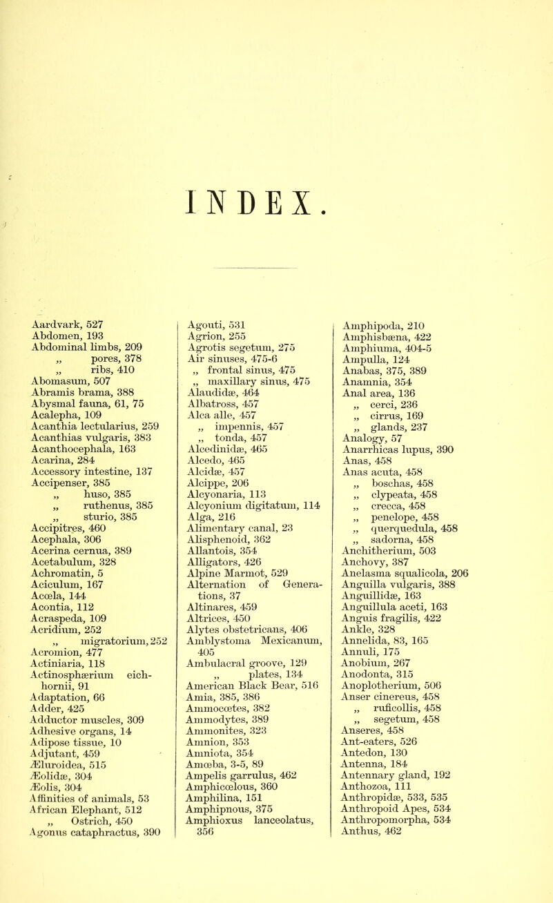 INDEX Aardvark, 527 Abdomen, 193 Abdominal limbs, 209 „ pores, 378 „ ribs, 410 Abomasum, 507 Abramis brama, 388 Abysmal fauna, 61, 75 Acalepha, 109 Acanthia lectularius, 259 Acanthias vulgaris, 383 Acanthocephala, 163 Acarina, 284 Accessory intestine, 137 Accipenser, 385 „ huso, 385 „ ruthenus, 385 „ sturio, 385 Accipitres, 460 Acephala, 306 Acerina cernua, 389 Acetabulum, 328 Achromatin, 5 Aciculum, 167 Accela, 144 Acontia, 112 Acraspeda, 109 Acridium, 252 „ migratorium, 252 Acromion, 477 Actiniaria, 118 Actinosphserium eich- hornii, 91 Adaptation, 66 Adder, 425 Adductor muscles, 309 Adhesive organs, 14 Adipose tissue, 10 Adjutant, 459 iEluroidea, 515 iEolidse, 304 iEolis, 304 Affinities of animals, 53 African Elephant, 512 „ Ostrich, 450 Agouti, 531 Agrion, 255 Agrotis segetum, 275 Air sinuses, 475-6 „ frontal sinus, 475 „ maxillary sinus, 475 Alaudiclse, 464 Albatross, 457 Alca alle, 457 „ impennis, 457 „ tonda, 457 Alcedinidse, 465 Alcedo, 465 Alcidse, 457 Alcippe, 206 Alcyonaria, 113 Alcyonium digitatum, 114 Alga, 216 Alimentary canal, 23 Alisphenoid, 362 Allantois, 354 Alligators, 426 Alpine Marmot, 529 Alternation of Genera- tions, 37 Altinares, 459 Altrices, 450 Alytes obstetricans, 406 Amblystoma Mexicanum, 405 Ambulacral groove, 129 „ plates, 134 American Black Bear, 516 Amia, 385, 386 Ammocoetes, 382 Ammodytes, 389 Ammonites, 323 Amnion, 353 Amniota, 354 Amoeba, 3-5, 89 Ampelis garrulus, 462 Amphicoelous, 360 Amphilina, 151 Amphipnous, 375 Amphioxus laneeolatus, Amphipoda, 210 Amphisbsena, 422 Amphiuma, 404-5 Ampulla, 124 Anabas, 375, 389 Anamnia, 354 Anal area, 136 „ cerci, 236 „ cirrus, 169 „ glands, 237 Analogy, 57 Anarrhicas lupus, 390 Anas, 458 Anas acuta, 458 „ boschas, 458 „ clypeata, 458 „ crecca, 458 „ penelope, 458 „ querquedula, 458 „ sadorna, 458 Anchitherium, 503 Anchovy, 387 Anelasma squalicola, 206 Anguilla vulgaris, 388 Anguillidse, 163 Anguillula aceti, 163 Anguis fragilis, 422 Ankle, 328 Annelida, 83, 165 Annuli, 175 Anobium, 267 Anodonta, 315 Anoplotherium, 506 Anser cinereus, 458 „ ruficollis, 458 „ segetum, 458 Anseres, 458 Ant-eaters, 526 Antedon, 130 Antenna, 184 Antennary gland, 192 Anthozoa, 111 Anthropidse, 533, 535 Anthropoid Apes, 534 Anthropomorpha, 534