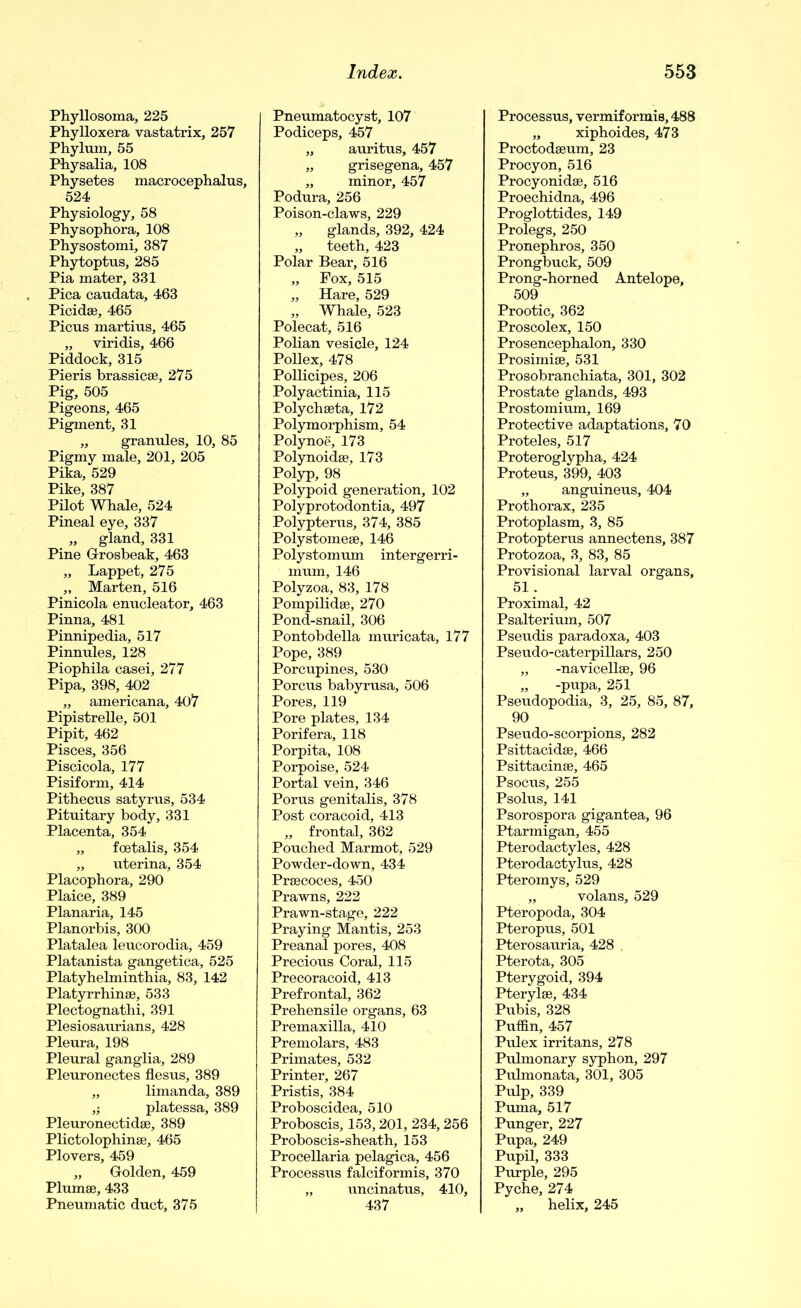 Phyllosoma, 225 Phylloxera vastatrix, 257 Phylum, 55 Physalia, 108 Physetes macrocephalus, 524 Physiology, 58 Physophora, 108 Physostomi, 387 Phytoptus, 285 Pia mater, 331 Pica caudata, 463 Picidas, 465 Picus martius, 465 „ viridis, 466 Piddock, 315 Pieris brassicse, 275 Pig, 505 Pigeons, 465 Pigment, 31 „ granules, 10, 85 Pigmy male, 201, 205 Pika, 529 Pike, 387 Pilot Whale, 524 Pineal eye, 337 „ gland, 331 Pine Grosbeak, 463 „ Lappet, 275 „ Marten, 516 Pinicola enucleator, 463 Pinna, 481 Pinnipedia, 517 Pinnules, 128 Piophila casei, 277 Pipa, 398, 402 „ americana, 407 Pipistrelle, 501 Pipit, 462 Pisces, 356 Piscicola, 177 Pisiform, 414 Pithecus satyrus, 534 Pituitary body, 331 Placenta, 354 „ fcetalis, 354 ,, uterina, 354 Placophora, 290 Plaice, 389 Planaria, 145 Planorbis, 300 Platalea leucorodia, 459 Platanista gangetica, 525 Platyhelminthia, 83, 142 Platyrrhinse, 533 Plectognathi, 391 Plesiosaurians, 428 Pleura, 198 Pleural ganglia, 289 Pleuronectes flesus, 389 „ limanda, 389 ,; platessa, 389 Pleuronectidae, 389 Plictolophinse, 465 Plovers, 459 „ Golden, 459 Plumae, 433 Pneumatic duct, 375 Pneumatocyst, 107 Podiceps, 457 „ auritus, 457 „ grisegena, 457 „ minor, 457 Podura, 256 Poison-claws, 229 „ glands, 392, 424 „ teeth, 423 Polar Bear, 516 „ Fox, 515 „ Hare, 529 „ Whale, 523 Polecat, 516 Polian vesicle, 124 Pollex, 478 Pollicipes, 206 Polyactinia, 115 Polychseta, 172 Polymorphism, 54 Polynoe, 173 Polynoidae, 173 Polyp, 98 Polypoid generation, 102 Polyprotodontia, 497 Polypterus, 374, 385 Polystomeae, 146 Polystomum intergerri- mum, 146 Polyzoa, 83, 178 Pompilidae, 270 Pond-snail, 306 Pontobdella muricata, 177 Pope, 389 Porcupines, 530 Porous babyrusa, 506 Pores, 119 Pore plates, 134 Porifera, 118 Porpita, 108 Porpoise, 524 Portal vein, 346 Porus genitalis, 378 Post coracoid, 413 „ frontal, 362 Pouched Marmot, 529 Powder-down, 434 Praecoces, 450 Prawns, 222 Prawn-stage, 222 Praying Mantis, 253 Preanal pores, 408 Precious Coral, 115 Precoracoid, 413 Prefrontal, 362 Prehensile organs, 63 Premaxilla, 410 Premolars, 483 Primates, 532 Printer, 267 Pristis, 384 Proboscidea, 510 Proboscis, 153,201, 234,256 Proboscis-sheath, 153 Procellaria pelagica, 456 Processus falciformis, 370 „ uncinatus, 410, 437 Processus, vermiformis, 488 „ xiphoides, 473 Proctodseum, 23 Procyon, 516 Procyonidse, 516 Proechidna, 496 Proglottides, 149 Prolegs, 250 Pronephros, 350 Prongbuck, 509 Prong-horned Antelope, 509 Prootic, 362 Proscolex, 150 Prosencephalon, 330 Prosimiae, 531 Prosobranchiata, 301, 302 Prostate glands, 493 Prostomium, 169 Protective adaptations, 70 Proteles, 517 Proteroglypha, 424 Proteus, 399, 403 „ anguineus, 404 Prothorax, 235 Protoplasm, 3, 85 Protopterus annectens, 387 Protozoa, 3, 83, 85 Provisional larval organs, 51. Proximal, 42 Psalterium, 507 Pseudis paradoxa, 403 Pseudo-caterpillars, 250 „ -navicellae, 96 ,, -pupa, 251 Pseudopodia, 3, 25, 85, 87, 90 Pseudo-scorpions, 282 Psittacidse, 466 Psittacinse, 465 Psocus, 255 Psolus, 141 Psorospora gigantea, 96 Ptarmigan, 455 Pterodactyles, 428 Pterodactylus, 428 Pteromys, 529 „ volans, 529 Pteropoda, 304 Pteropus, 501 Pterosauria, 428 . Pterota, 305 Pterygoid, 394 Pterylae, 434 Pubis, 328 Puffin, 457 Pulex irritans, 278 Pulmonary syphon, 297 Pulmonata, 301, 305 Pulp, 339 Puma, 517 Punger, 227 Pupa, 249 Pupil, 333 Purple, 295 Pyche, 274 „ helix, 245