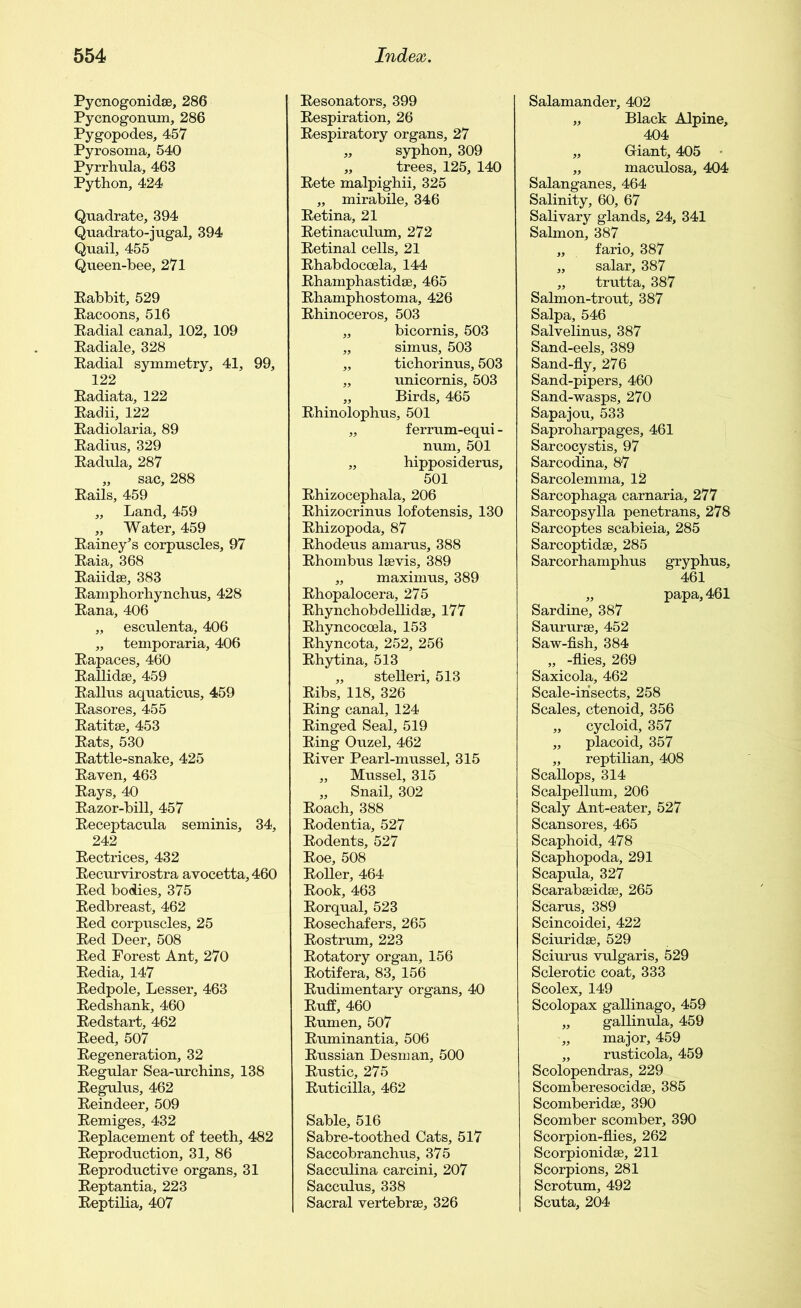 Pycnogonidse, 286 Pycnogonum, 286 Pyg°p°des, 457 Pyrosoma, 540 Pyrrhula, 463 Python, 424 Quadrate, 394 Quadrato-jugal, 394 Quail, 455 Queen-bee, 271 Babbit, 529 Eacoons, 516 Eadial canal, 102, 109 Eadiale, 328 Eadial symmetry, 41, 99, 122 Eadiata, 122 Eadii, 122 Eadiolaria, 89 Eadius, 329 Eadula, 287 „ sac, 288 Bails, 459 ,, Land, 459 „ Water, 459 Eainey's corpuscles, 97 Eaia, 368 Eaiidse, 383 Eamphorhynchus, 428 Eana, 406 „ esculenta, 406 „ temporaria, 406 Eapaces, 460 Eallidse, 459 Eallus aquaticus, 459 Easores, 455 Eatitse, 453 Eats, 530 Battle-snake, 425 Eaven, 463 Eays, 40 Eazor-bill, 457 Eeceptacula seminis, 34, 242 Eectrices, 432 Eecurvirostra avocetta,460 Eed bodies, 375 Eedbreast, 462 Eed corpuscles, 25 Eed Deer, 508 Eed Forest Ant, 270 Eedia, 147 Eedpole, Lesser, 463 Eedshank, 460 Eedstart, 462 Eeed, 507 Eegeneration, 32 Eegular Sea-urchins, 138 Eegulus, 462 Eeindeer, 509 Eemiges, 432 Eeplacement of teeth, 482 Eeproduction, 31, 86 Beproductive organs, 31 Eeptantia, 223 Eeptilia, 407 Eesonators, 399 Eespiration, 26 Eespiratory organs, 27 „ syphon, 309 „ trees, 125, 140 Eete malpighii, 325 „ mirabile, 346 Eetina, 21 Eetinaculum, 272 Eetinal cells, 21 Ehabdocoela, 144 Ehamphastidse, 465 Ehamphostoma, 426 Ehinoceros, 503 „ bicornis, 503 „ simus, 503 „ tichorinus, 503 „ unicornis, 503 „ Birds, 465 Ehinolophus, 501 „ f errum-equi - num, 501 „ hipposiderus, 501 Ehizocephala, 206 Ehizocrinus lofotensis, 130 Ehizopoda, 87 Ehodeus amarus, 388 Ehombus lsevis, 389 „ maximus, 389 Ehopalocera, 275 Ehynchobdellidse, 177 Ehyncocoela, 153 Ehyncota, 252, 256 Ehytina, 513 „ stelleri, 513 Eibs, 118, 326 Eing canal, 124 Einged Seal, 519 Eing Ouzel, 462 Eiver Pearl-mussel, 315 „ Mussel, 315 „ Snail, 302 Eoach, 388 Eodentia, 527 Eodents, 527 Eoe, 508 Eoller, 464 Eook, 463 Eorqual, 523 Eosechafers, 265 Eostrum, 223 Eotatory organ, 156 Eotifera, 83, 156 Eudimentary organs, 40 Buff, 460 Eumen, 507 Euminantia, 506 Eussian Desman, 500 Eustic, 275 Euticilla, 462 Sable, 516 Sabre-toothed Cats, 517 Saccobranchus, 375 Sacculina carcini, 207 Sacculus, 338 Sacral vertebrae, 326 Salamander, 402 „ Black Alpine, 404 „ Giant, 405 „ maculosa, 404 Salanganes, 464 Salinity, 60, 67 Salivary glands, 24, 341 Salmon, 387 „ fario, 387 „ salar, 387 „ trutta, 387 Salmon-trout, 387 Salpa, 546 Salvelinus, 387 Sand-eels, 389 Sand-fly, 276 Sand-pipers, 460 Sand-wasps, 270 Sapajou, 533 Saproharpages, 461 Sarcocystis, 97 Sarcodina, 87 Sarcolemma, 12 Sarcophaga carnaria, 277 Sarcopsylla penetrans, 278 Sarcoptes scabieia, 285 Sarcoptidse, 285 Sarcorhamphus gryphus, 461 „ papa, 461 Sardine, 387 Saururse, 452 Saw-fish, 384 „ -flies, 269 Saxicola, 462 Scale-insects, 258 Scales, ctenoid, 356 „ cycloid, 357 „ placoid, 357 „ reptilian, 408 Scallops, 314 Scalpellum, 206 Scaly Ant-eater, 527 Scansores, 465 Scaphoid, 478 Scaphopoda, 291 Scapula, 327 Scarabseidse, 265 Scarus, 389 Scincoidei, 422 Sciuridse, 529 Sciurus vulgaris, 529 Sclerotic coat, 333 Scolex, 149 Scolopax gallinago, 459 „ gallinula, 459 „ major, 459 „ rusticola, 459 Scolopendras, 229 Scomberesocidse, 385 Scomberidse, 390 Scomber scomber, 390 Scorpion-flies, 262 Scorpionidse, 211 Scorpions, 281 Scrotum, 492 Scuta, 204