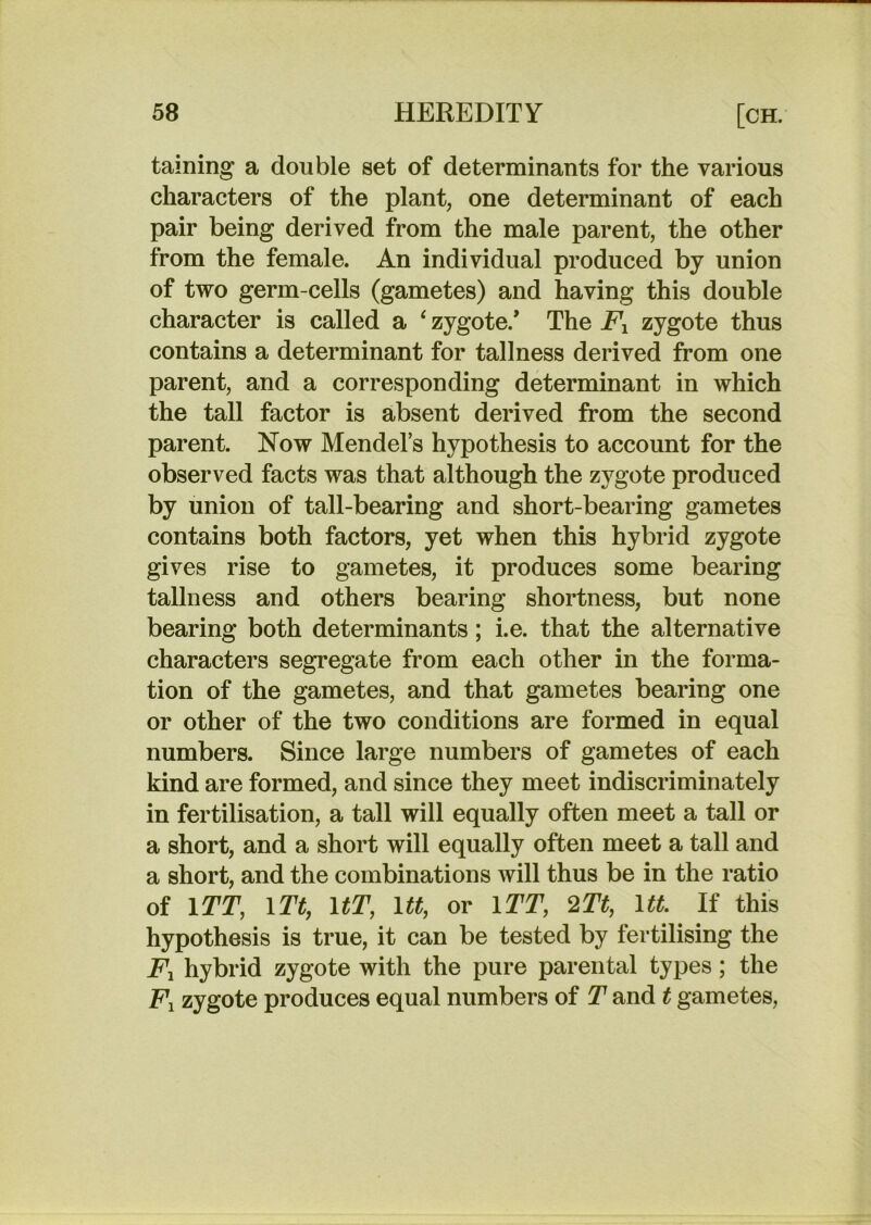 taining a double set of determinants for the various characters of the plant, one determinant of each pair being derived from the male parent, the other from the female. An individual produced by union of two germ-cells (gametes) and having this double character is called a ‘ zygote.* The Fx zygote thus contains a determinant for tallness derived from one parent, and a corresponding determinant in which the tall factor is absent derived from the second parent. Now Mendel’s hypothesis to account for the observed facts was that although the zygote produced by union of tall-bearing and short-bearing gametes contains both factors, yet when this hybrid zygote gives rise to gametes, it produces some bearing tallness and others bearing shortness, but none bearing both determinants; i.e. that the alternative characters segregate from each other in the forma- tion of the gametes, and that gametes bearing one or other of the two conditions are formed in equal numbers. Since large numbers of gametes of each kind are formed, and since they meet indiscriminately in fertilisation, a tall will equally often meet a tall or a short, and a short will equally often meet a tall and a short, and the combinations will thus be in the ratio of ITT, iTt, \tT, Itt, or ITT, 2Tt, Itt. If this hypothesis is true, it can be tested by fertilising the Fx hybrid zygote with the pure parental types; the Fx zygote produces equal numbers of T and t gametes,