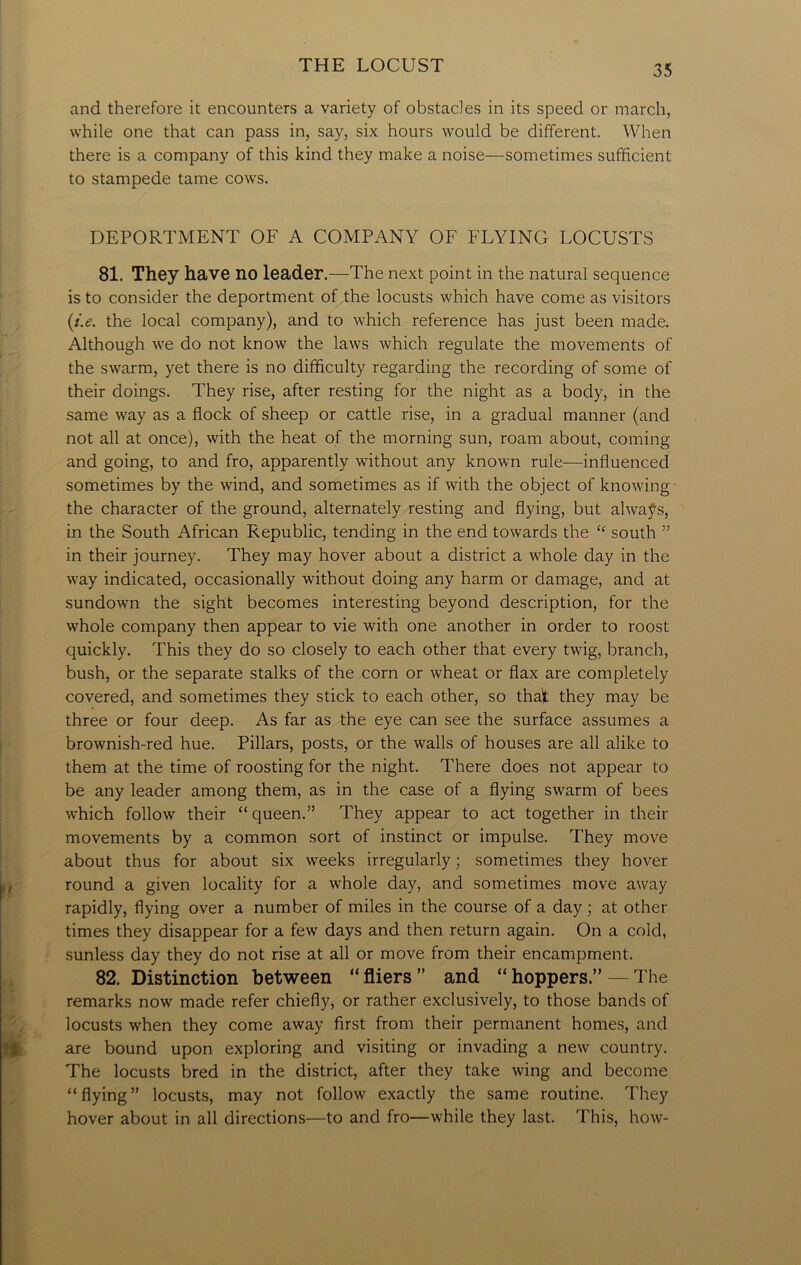 and therefore it encounters a variety of obstacles in its speed or inarch, while one that can pass in, say, six hours would be different. When there is a company of this kind they make a noise—sometimes sufficient to stampede tame cows. DEPORTMENT OF A COMPANY OF FLYING LOCUSTS 81. They have no leader.—The next point in the natural sequence is to consider the deportment of the locusts which have come as visitors (t.e. the local company), and to which reference has just been made. Although we do not know the laws which regulate the movements of the swarm, yet there is no difficulty regarding the recording of some of their doings. They rise, after resting for the night as a body, in the same way as a flock of sheep or cattle rise, in a gradual manner (and not all at once), with the heat of the morning sun, roam about, coming and going, to and fro, apparently without any known rule—influenced sometimes by the wind, and sometimes as if with the object of knowing the character of the ground, alternately resting and flying, but always, in the South African Republic, tending in the end towards the <f south ” in their journey. They may hover about a district a whole day in the way indicated, occasionally without doing any harm or damage, and at sundown the sight becomes interesting beyond description, for the whole company then appear to vie with one another in order to roost quickly. This they do so closely to each other that every twig, branch, bush, or the separate stalks of the corn or wheat or flax are completely covered, and sometimes they stick to each other, so that they may be three or four deep. As far as the eye can see the surface assumes a brownish-red hue. Pillars, posts, or the walls of houses are all alike to them at the time of roosting for the night. There does not appear to be any leader among them, as in the case of a flying swarm of bees which follow their “ queen.” They appear to act together in their movements by a common sort of instinct or impulse. They move about thus for about six weeks irregularly; sometimes they hover round a given locality for a whole day, and sometimes move away rapidly, flying over a number of miles in the course of a day; at other times they disappear for a few days and then return again. On a cold, sunless day they do not rise at all or move from their encampment. 82. Distinction between “ fliers ” and “ hoppers.” — The remarks now made refer chiefly, or rather exclusively, to those bands of locusts when they come away first from their permanent homes, and are bound upon exploring and visiting or invading a new country. The locusts bred in the district, after they take wing and become “ flying ” locusts, may not follow exactly the same routine. They hover about in all directions—to and fro—while they last. This, how-