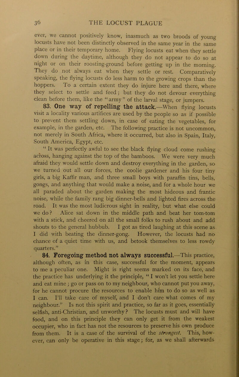 ever, we cannot positively know, inasmuch as two broods of young locusts have not been distinctly observed in the same year in the same place or in their temporary home. Flying locusts eat when they settle down during the daytime, although they do not appear to do so at night or on their roosting-ground before getting up in the morning. They do not always eat when they settle or rest. Comparatively speaking, the flying locusts do less harm to the growing crops than the hoppers. To a certain extent they do injure here and there, where they select to settle and feed; but they do not devour everything clean before them, like the “ army ” of the larval stage, or jumpers. 83. One way of repelling the attack—When flying locusts visit a locality various artifices are used by the people so as if possible to prevent them settling down, in case of eating the vegetables, for example, in the garden, etc. The following practice is not uncommon, not merely in South Africa, where it occurred, but also in Spain, Italy, South America, Egypt, etc. “ It was perfectly awful to see the black flying cloud come rushing across, hanging against the top of the bamboos. We were very much afraid they would settle down and destroy everything in the garden, so we turned out all our forces, the coolie gardener and his four tiny girls, a big Kaffir man, and three small boys with paraffin tins, bells, gongs, and anything that would make a noise, and for a whole hour we all paraded about the garden making the most hideous and frantic noise, while the family rang big dinner-bells and lighted fires across the road. It was the most ludicrous sight in reality, but what else could we do ? Alice sat down in the middle path and beat her tom-tom with a stick, and cheered on all the small folks to rush about and add shouts to the general hubbub. I got as tired laughing at this scene as I did with beating the dinner-gong. However, the locusts had no chance of a quiet time with us, and betook themselves to less rowdy quarters.” 84. Foregoing method not always successful.—This practice, although often, as in this case, successful for the moment, appears to me a peculiar one. Might is right seems marked on its face, and the practice has underlying it the principle, “ I won’t let you settle here and eat mine ; go or pass on to my neighbour, who cannot put you away, for he cannot procure the resources to enable him to do so as well as I can. I’ll take care of myself, and I don’t care what comes of my neighbour.” Is not this spirit and practice, so far as it goes, essentially selfish, anti-Christian, and unworthy? The locusts must and will have food, and on this principle they can only get it from the weakest occupier, who in fact has not the resources to preserve his own produce from them. It is a case of the survival of the strongest. This, how- ever, can only be operative in this stage; for, as we shall afterwards