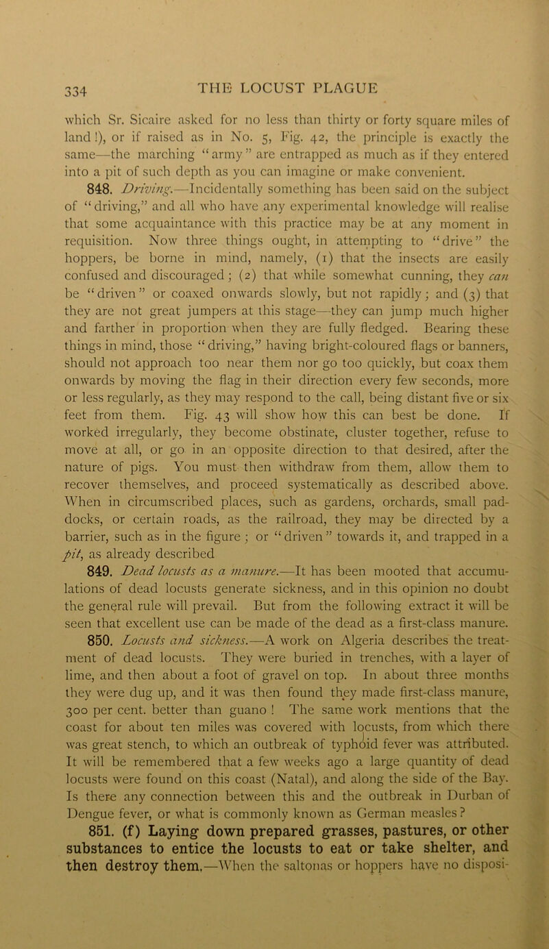 which Sr. Sicaire asked for no less than thirty or forty square miles of land !), or if raised as in No. 5, Fig. 42, the principle is exactly the same—the marching “army” are entrapped as much as if they entered into a pit of such depth as you can imagine or make convenient. 848. Driving.—Incidentally something has been said on the subject of “ driving,” and all who have any experimental knowledge will realise that some acquaintance with this practice may be at any moment in requisition. Now three things ought, in attempting to “drive” the hoppers, be borne in mind, namely, (1) that the insects are easily confused and discouraged; (2) that while somewhat cunning, they can be “ driven ” or coaxed onwards slowly, but not rapidly; and (3) that they are not great jumpers at this stage—they can jump much higher and farther in proportion when they are fully fledged. Bearing these things in mind, those “driving,” having bright-coloured flags or banners, should not approach too near them nor go too quickly, but coax them omvards by moving the flag in their direction every few seconds, more or less regularly, as they may respond to the call, being distant five or six feet from them. Fig. 43 will show how this can best be done. If worked irregularly, they become obstinate, cluster together, refuse to move at all, or go in an opposite direction to that desired, after the nature of pigs. You must then withdraw from them, allow them to recover themselves, and proceed systematically as described above. When in circumscribed places, such as gardens, orchards, small pad- docks, or certain roads, as the railroad, they may be directed by a barrier, such as in the figure ; or “driven” towards it, and trapped in a pit, as already described 849. Dead locusts as a manure.—It has been mooted that accumu- lations of dead locusts generate sickness, and in this opinion no doubt the general rule will prevail. But from the following extract it will be seen that excellent use can be made of the dead as a first-class manure. 850. Locusts and sickness.—A work on Algeria describes the treat- ment of dead locusts. They were buried in trenches, with a layer of lime, and then about a foot of gravel on top. In about three months they were dug up, and it was then found they made first-class manure, 300 per cent, better than guano ! The same work mentions that the coast for about ten miles was covered with locusts, from which there was great stench, to which an outbreak of typhoid fever was attributed. It will be remembered that a few weeks ago a large quantity of dead locusts were found on this coast (Natal), and along the side of the Bay. Is there any connection between this and the outbreak in Durban of Dengue fever, or what is commonly known as German measles ? 851. (f) Laying down prepared grasses, pastures, or other substances to entice the locusts to eat or take shelter, and then destroy them.—When the saltonas or hoppers have no disposi-