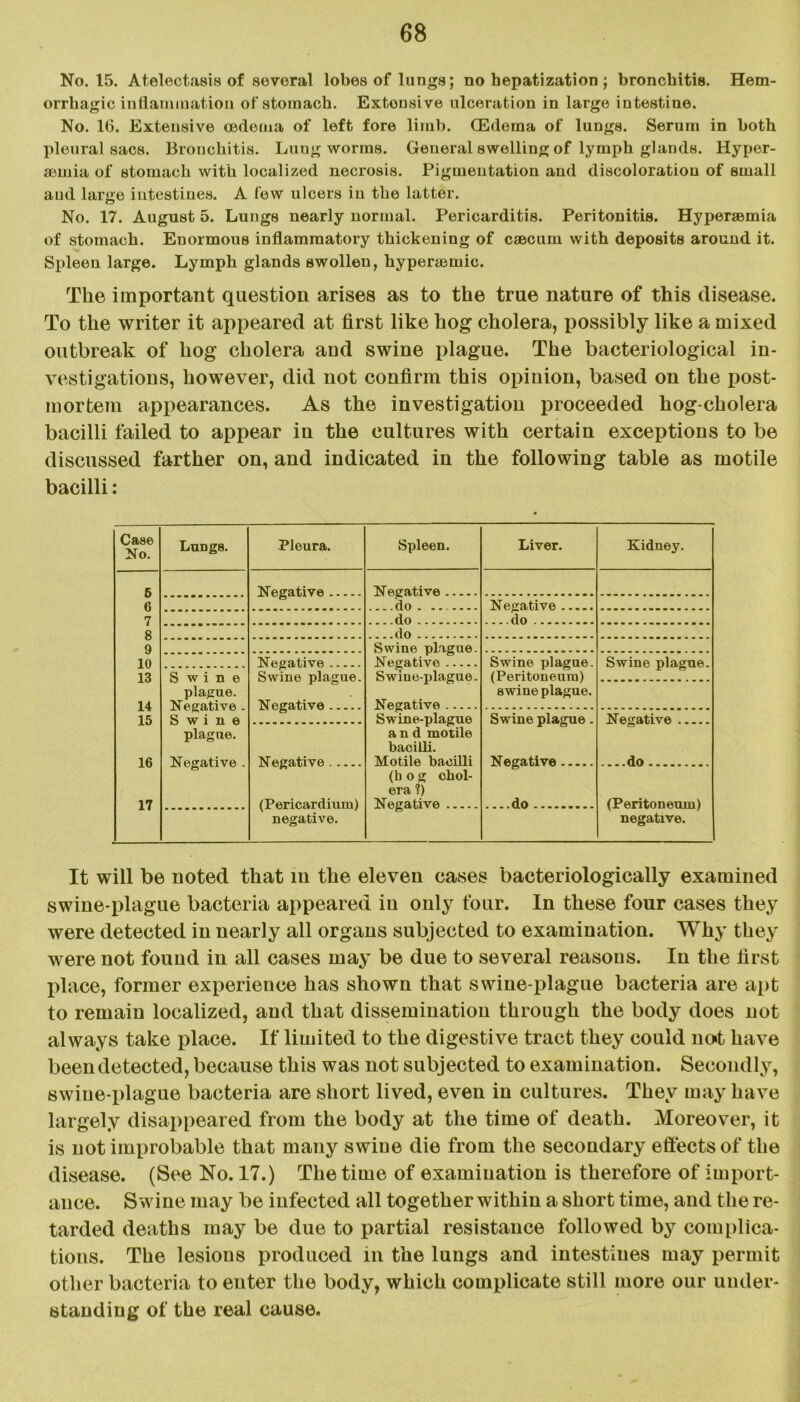 No. 15. Atelectasis of several lobes of lungs; no hepatization ; bronchitis. Hem- orrhagic inflammation of stomach. Extensive ulceration in large intestine. No. 16. Extensive oedema of left fore limb. (Edema of lungs. Serum in both pleural sacs. Bronchitis. Lung worms. General swelling of lymph glands. Hyper- SBwia of stomach with localized necrosis. Pigmentation and discoloration of small and large intestines. A few ulcers in the latter. No. 17. August 5. Lungs nearly normal. Pericarditis. Peritonitis. Hypersemia of stomach. Enormous inflammatory thickening of caecum with deposits around it. Spleen large. Lymph glands swollen, hyperaemic. The important question arises as to the true nature of this disease. To the writer it appeared at first like hog cholera, possibly like a mixed outbreak of hog cholera aud swine plague. The bacteriological in- vestigations, however, did not confirm this opinion, based on the post- mortem appearances. As the investigation proceeded hog-cholera bacilli failed to appear in the cultures with certain exceptions to be discussed farther on, and indicated in the following table as motile bacilli: Case No. Lungs. Pleura. Spleen. Liver. Kidney. 6 6 7 8 9 10 13 14 15 16 17 Negative Negative .do . ... Negative do .... do do Swine plague. Negative Swine-plague. Negative Swine plague. Negative . Swine plague. Negative . Negative Swine plague. Negative Swine plague. (Peritoneum) swine plague. Swine plague. Negative (Pericardium) negative. Swine-plague and motile bacilli. Motile bacilli (bog chol- era ?) Negative Swine plague. Negative do Negative —do (Peritoneum) negative. It will be noted that in the eleven cases bacteriologically examined swine-plague bacteria appeared in only four. In these four cases they were detected in nearly all organs subjected to examination. Why they were not found in all cases may be due to several reasons. In the first place, former experience has shown that swine-plague bacteria are apt to remain localized, and that dissemination through the body does not always take place. If limited to the digestive tract they could not have been detected, because this was not subjected to examination. Secondly, swiue-plague bacteria are short lived, even in cultures. They may have largely disappeared from the body at the time of death. Moreover, it is not improbable that many swiue die from the secondary effects of the disease. (See No. 17.) The time of examination is therefore of import- ance. Swine may be infected all together within a short time, and the re- tarded deaths may be due to partial resistance followed by complica- tions. The lesions produced in the lungs and intestines may permit other bacteria to enter the body, which complicate still more our under- standing of the real cause.