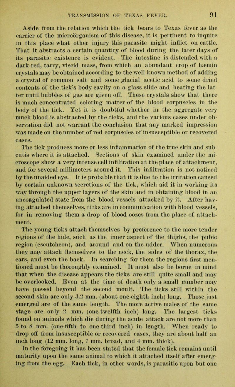 Aside from the relation which the tick bears to Texas fever as the carrier of the microorganism of this disease, it is pertinent to inquire in this place what other injury this parasite might inflict on cattle. That it abstracts a certain quantity of blood during the later days of its parasitic existence is evident. The intestine is distended with a dark-red, tarry, viscid mass, from which an abundant crop of haem in crystals may be obtained according to the well-known method of adding a crystal of common salt and some glacial acetic acid to some dried contents of the tick’s body cavity on a glass slide and heating the lat- ter until bubbles of gas are given off. These crystals show that there is much concentrated coloring matter of the blood corpuscles in the body of the tick. Yet it is doubtful whether in the aggregate very much blood is abstracted by the ticks, and the various cases under ob- servation did not warrant the conclusion that any marked impression was made on the number of red corpuscles of insusceptible or recovered cases. The tick produces more or less inflammation of the true skin and sub- cutis where it is attached. Sections of skin examined under the mi- croscope show a very intense cell infiltration at the place of attachment, and for several millimeters around it. This infiltration is not noticed by the unaided eye. It is probable that it is due to the irritation caused by certain unknown secretions of the tick, which aid it in working its way through the upper layers of the skin and in obtaining blood in an uncoagulated state from the blood vessels attacked by it. After hav- ing attached themselves, ticks are in communication with blood vessels, for in removing them a drop of blood oozes from the place of attach- ment. The young ticks attach themselves by preference to the more tender regions of the hide, such as the inner aspect of the thighs, the pubic region (escutcheon), and around and on the udder. When numerous they may attach themselves to the neck, the sides of the thorax, the ears, and even the back. In searching for them the regions first men- tioned must be thoroughly examined. It must also be borne in mind that when the disease appears the ticks are still quite small and may be overlooked. Even at the time of death only a small number may have passed beyond the second moult. The ticks still within the second skin are only 3.2 mm. (about one-eighth inch) long. Those just emerged are of the same length. The more active males of the same stage are only 2 mm. (one twelfth inch) long. The largest ticks found on animals which die during the acute attack are not more than 5 to 8 mm. (one-fifth to one-third inch) in length. When ready to drop off from insusceptible or recovered cases, they are about half an inch long (12 mm. long, 7 mm. broad, and 4 mm. thick). In the foregoing it has been stated that the female tick remains until maturity upon the same animal to which it attached itself after emerg- ing from the egg. Each tick, in other w ords, is parasitic upon but one