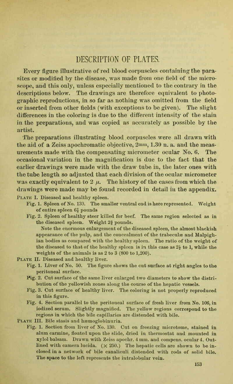 DESCRIPTION OF PLATES. Every figure illustrative of red blood corpuscles coutaiuiugtbe para- sites or modified by the disease, was made from one field of the micro- scope, and this only, unless especially mentioned to the contrary in the descriptions below. The drawings are therefore equivalent to photo- graphic reproductions, in so far as nothing was omitted from the field or inserted from other fields (with exceptions to be given). The slight differences in the coloring is due to the different intensity of the stain in the preparations, and was copied as accurately as possible by the artist. The preparations illustrating blood corpuscles were all drawn with the aid of a Zeiss apochromatic objective, 2mm? 1.30 n. a. and the meas- urements made with the compensating micrometer ocular No. 6. The occasional variation in the magnification is due to the fact that the earlier drawings were made with the draw tube in, the later ones with the tube length so adjusted that each division of the ocular micrometer was exactly equivalent to 2 fi. The history of the cases from which the drawings were made may be found recorded in detail in the appendix. Plate I. Diseased and healthy spleen. Fig. 1. Spleen of No. 130. The smaller ventral end is here represented. Weight of entire spleen 6| pounds Fig. 2. Spleen of healthy steer killed for beef. The same region selected as in the diseased spleen. Weight 2f pounds. Note the enormous enlargement of the diseased spleen, the almost blackish appearance of the pulp, and the concealment of the trabeculae and Malpigh- ian bodies as compared with the healthy spleen. The ratio of the weight of the diseased to that of the healthy spleen is in this case as 2} to 1, while the weights of the animals is as 2 to 3 (800 to 1,200). Plate II. Diseased and healthy liver. Fig. 1. Liver of No. 50. The figure shows the cut surface at right angles to the peritoneal surface. Pig. 2. Cut surface of the same liver enlarged two diameters to show the distri- bution of the yellowish zones along the course of the hepatic vessels. Fig. 3. Cut surface of healthy liver. The coloring is not properly reproduced in this figure. Fig. 4. Section parallel to the peritoneal surface of fresh liver from No. 106, in iodized serum. Slightly magnified. The yellow regions correspond to the regions in which the bile capillaries are distended with bile. Plate III. Bile stasis and hsemoglobinuria. Fig. 1. Section from liver of No. 130. Cut on freezing microtome, stained in alum carmine, floated upon the slide, dried in thermostat and mounted in xylol balsam. Drawn with Zeiss apochr. 4 mm. and compens. ocular 4. Out- lined with camera lucida. (X 250.) The hepatic cells are shown to be in- closed in a network of bile canaliculi distended with rods of solid bile. The space to the left represents the intralobular vein.